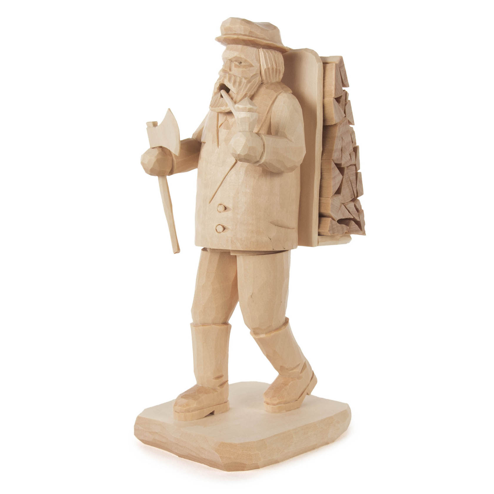 Holzgeschnitzter Räuchermann in Form eines Holzmacher, der eine Axt hält und Holzbündel auf dem Rücken trägt. im Dregeno Online Shop günstig kaufen