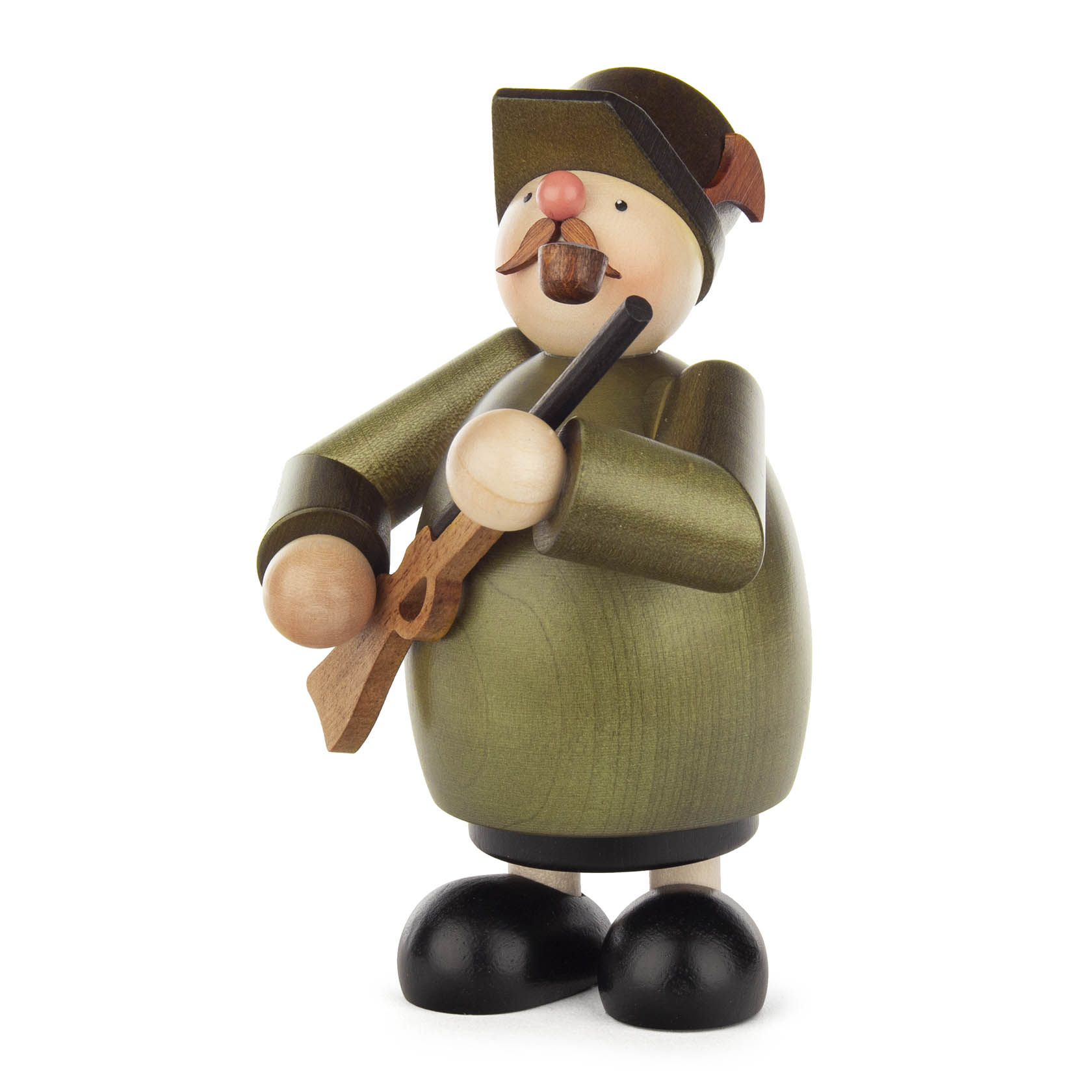 Traditional German wooden incense smoker figure, designed as a hunter holding a rifle with a brown hat and clothing.