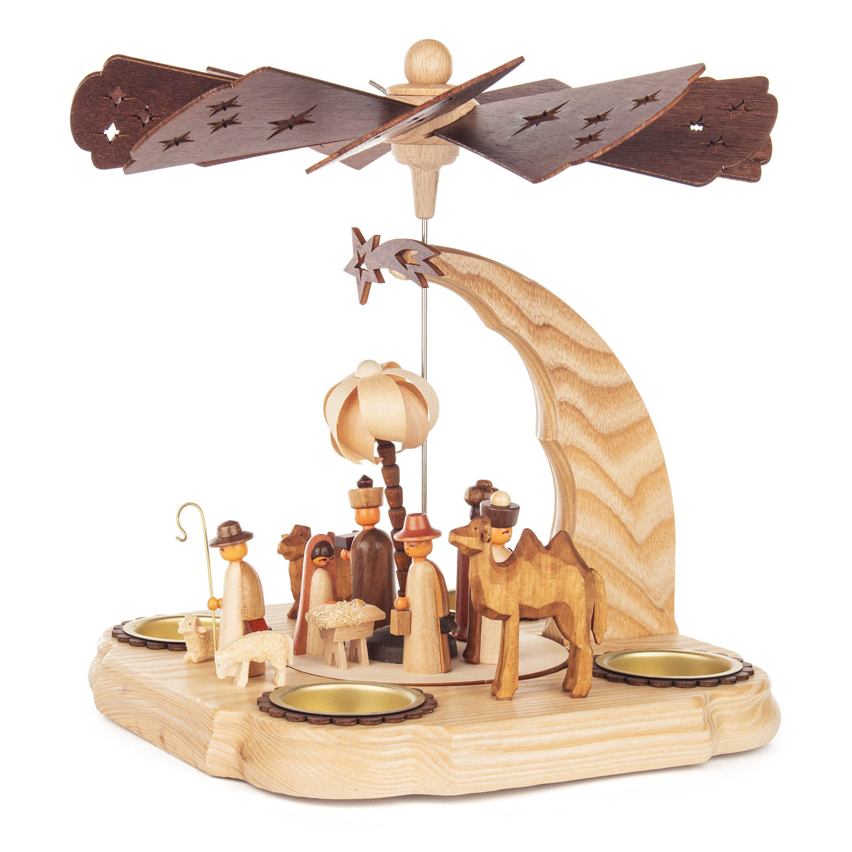 Holzpyramide zeigt Figuren der Weihnachtsgeschichte mit Maria, Josef, dem Jesuskind, drei Königen und einem Kamel, auf einem Mond-Design mit Teelichthaltern. im Dregeno Online Shop günstig kaufen