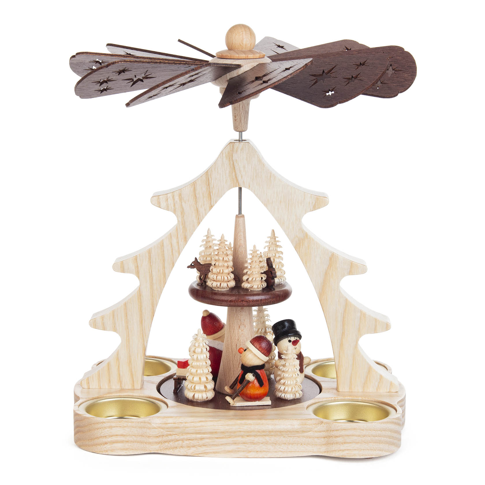 A wooden Christmas pyramid featuring Santa Claus and a snowman with small trees and a rotor on top. im Dregeno Online Shop günstig kaufen