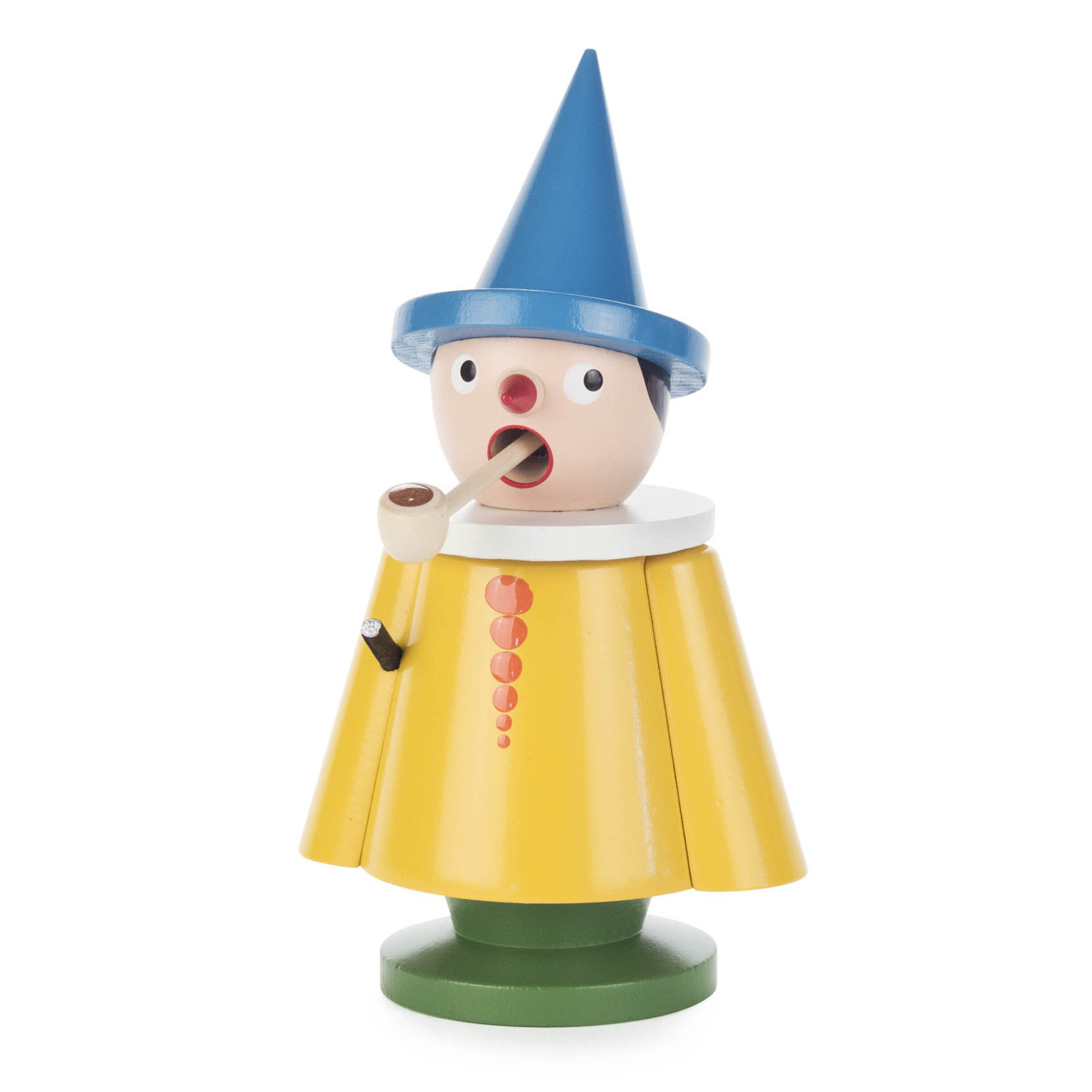 Wooden figurine of a stargazer wearing a yellow cloak, blue conical hat, holding a pipe in its mouth. im Dregeno Online Shop günstig kaufen