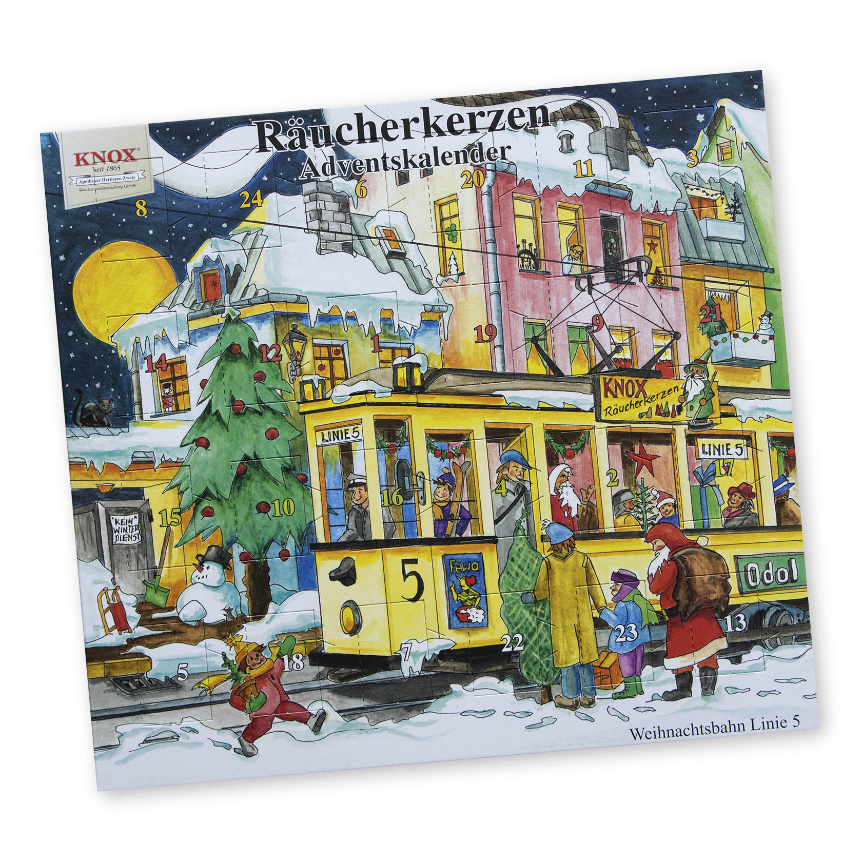 A colorful advent calendar featuring a cozy Christmas room with a decorated tree, a rocking chair with a cat, a wood stove, and various holiday items. im Dregeno Online Shop günstig kaufen