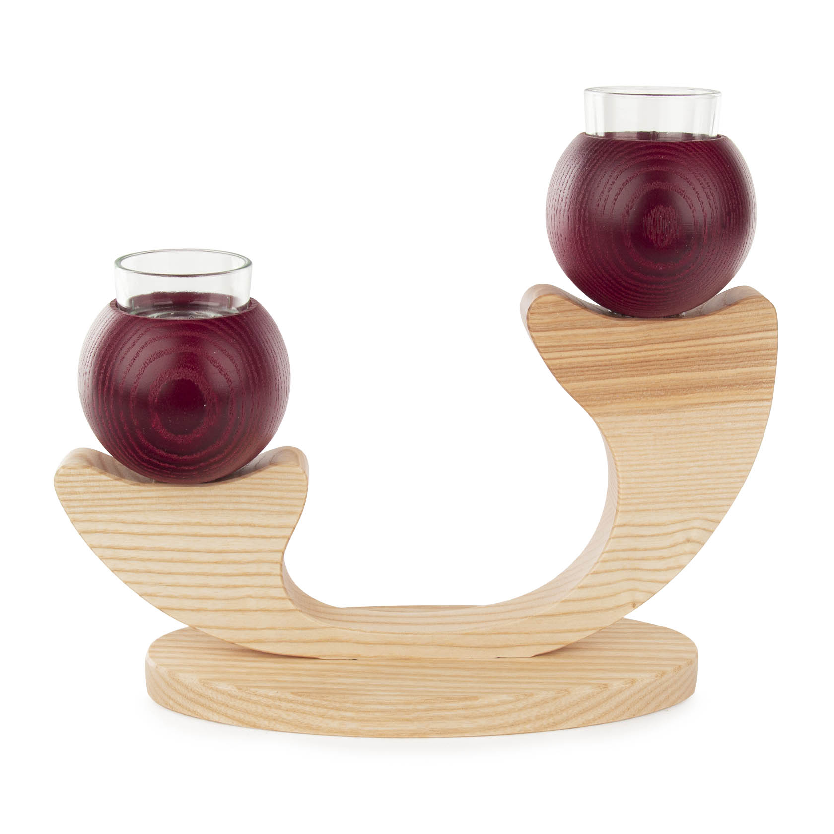 A wooden candle holder with two red spherical candle cups positioned at different heights. im Dregeno Online Shop günstig kaufen