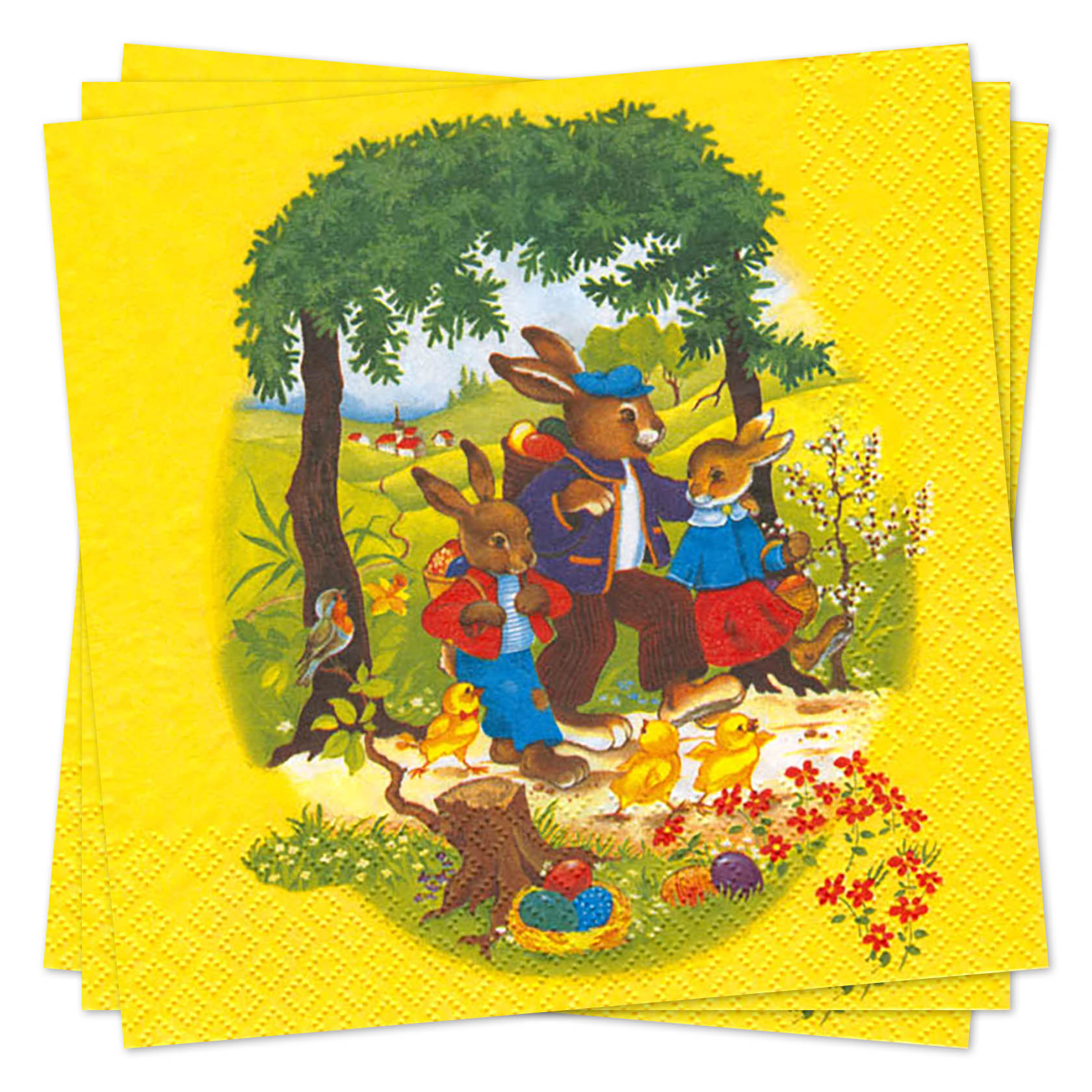 Servietten mit einem bunten Bild einer Hasenfamilie in Kleidung, umgeben von Bäumen, Küken und einer Weide, auf einem gelben Hintergrund. im Dregeno Online Shop günstig kaufen