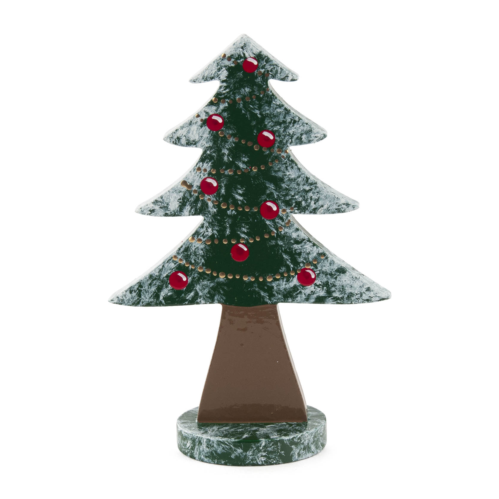 Flacher 10 cm großer dekorativer Weihnachtsbaum mit roten Kugeln, weißer Beschneiung und braunem Stamm auf rundem Sockel. im Dregeno Online Shop günstig kaufen