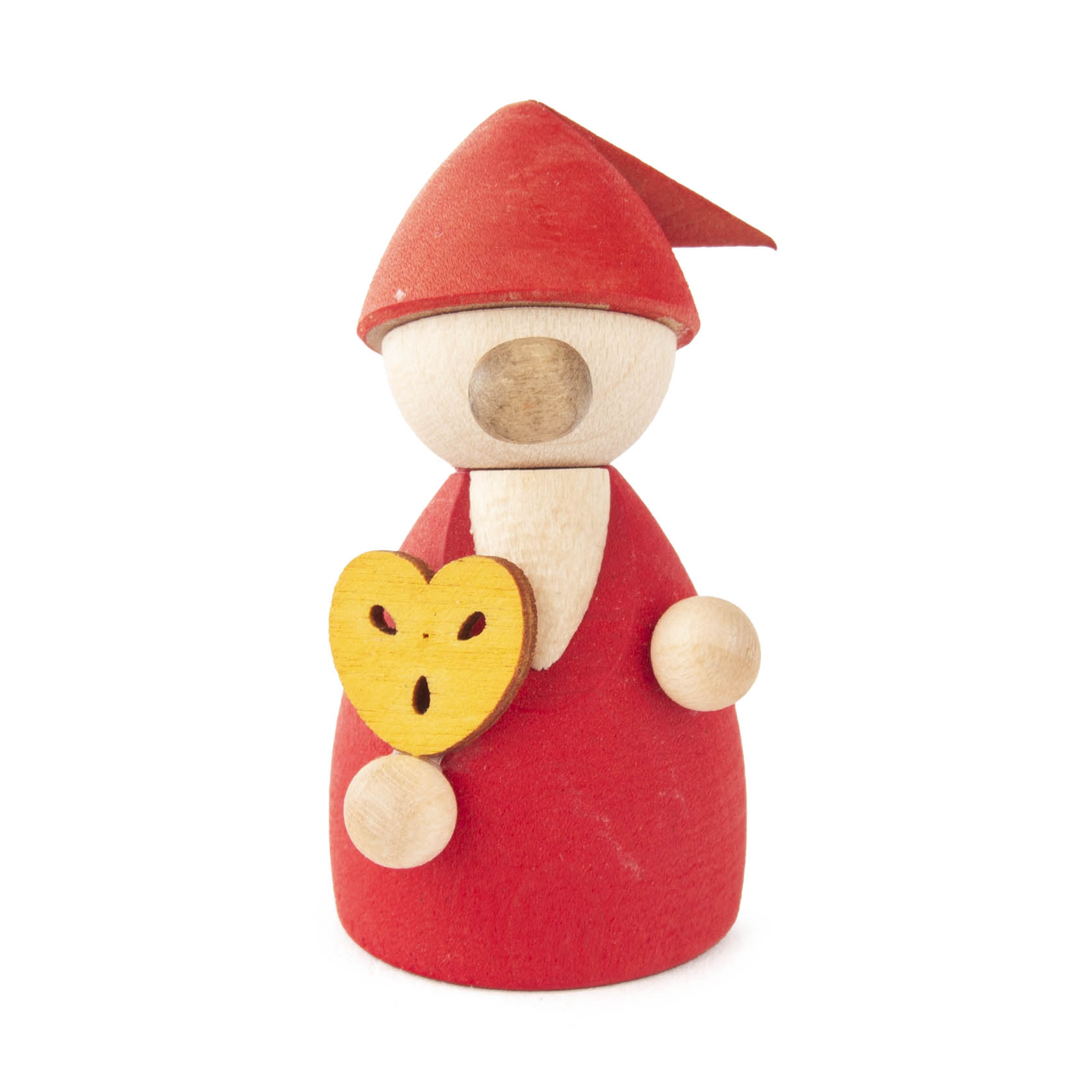 Ein roter Holzwichtel mit einem Pfefferkuchenherz in der Hand. Der Wichtel hat einen Spitzhut und schlichtes Design. im Dregeno Online Shop günstig kaufen