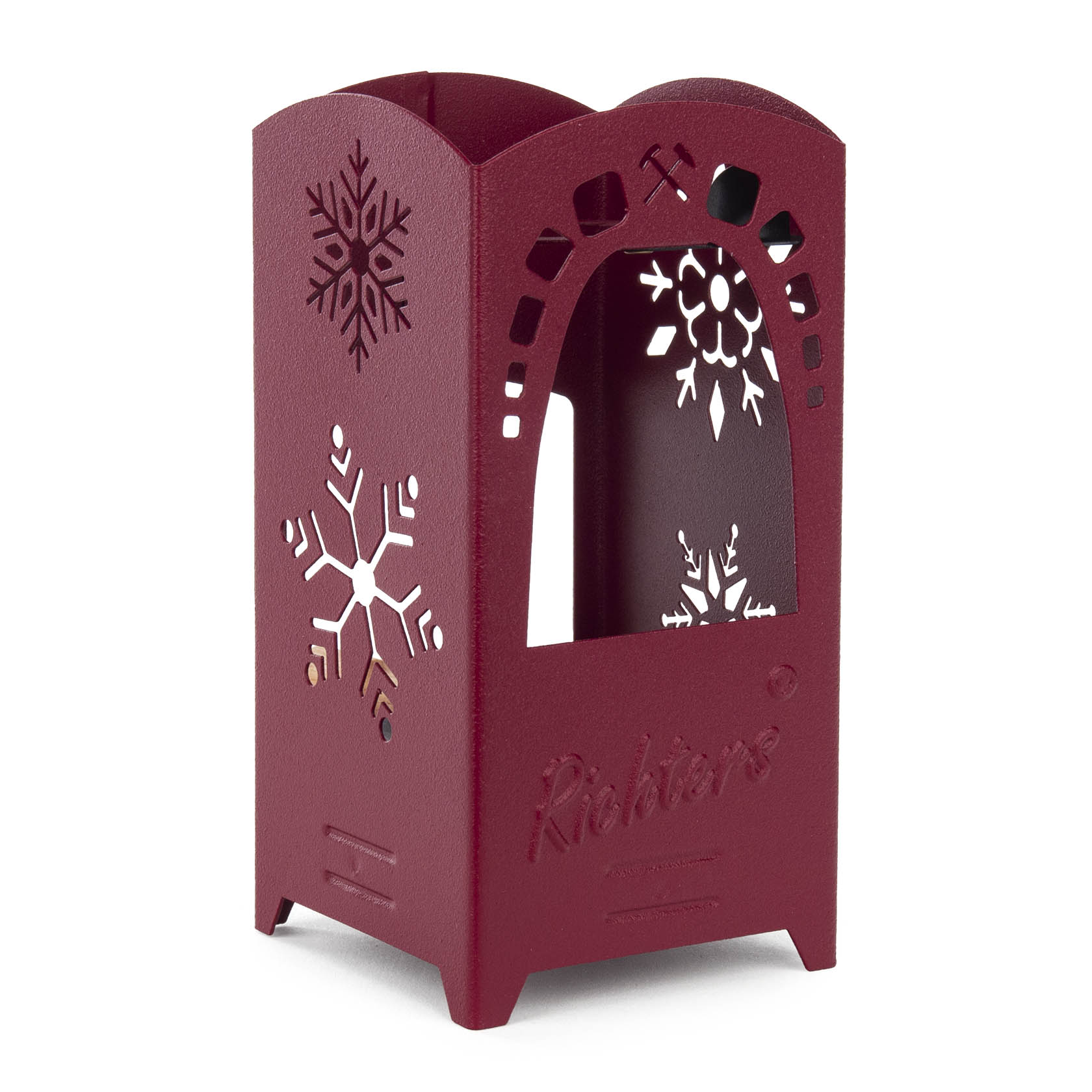 A purplish-red incense lantern with snowflake designs cut out on its sides, suitable for all incense sizes. It includes an ash tray and can hold tealights. im Dregeno Online Shop günstig kaufen