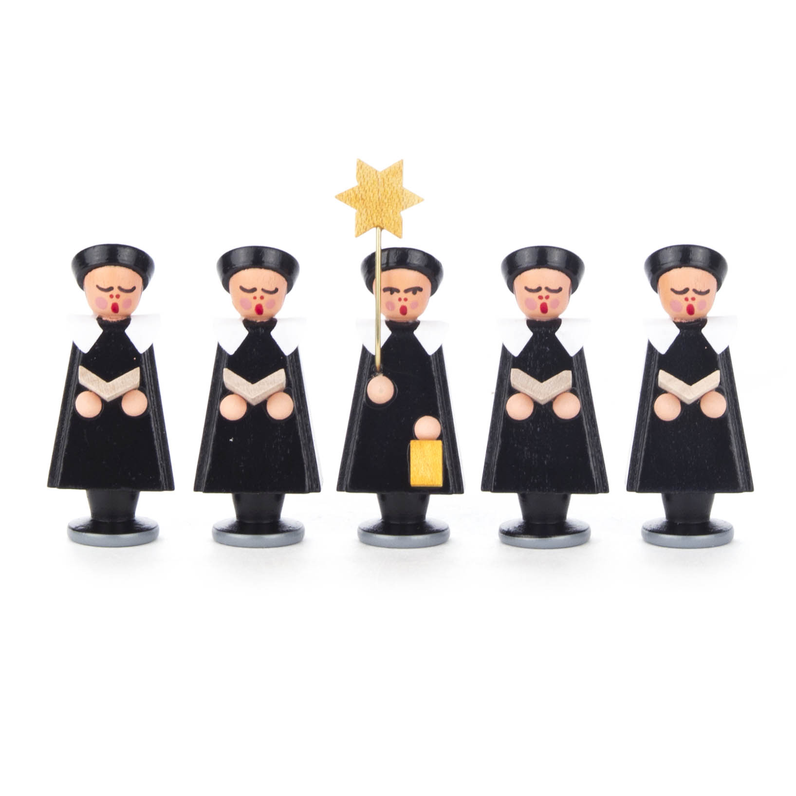 Fünf schwarze Kurrendefiguren in Tracht, drei halten ein Gesangbuch, einer einen goldenen Stern und ein anderes Buch. im Dregeno Online Shop günstig kaufen