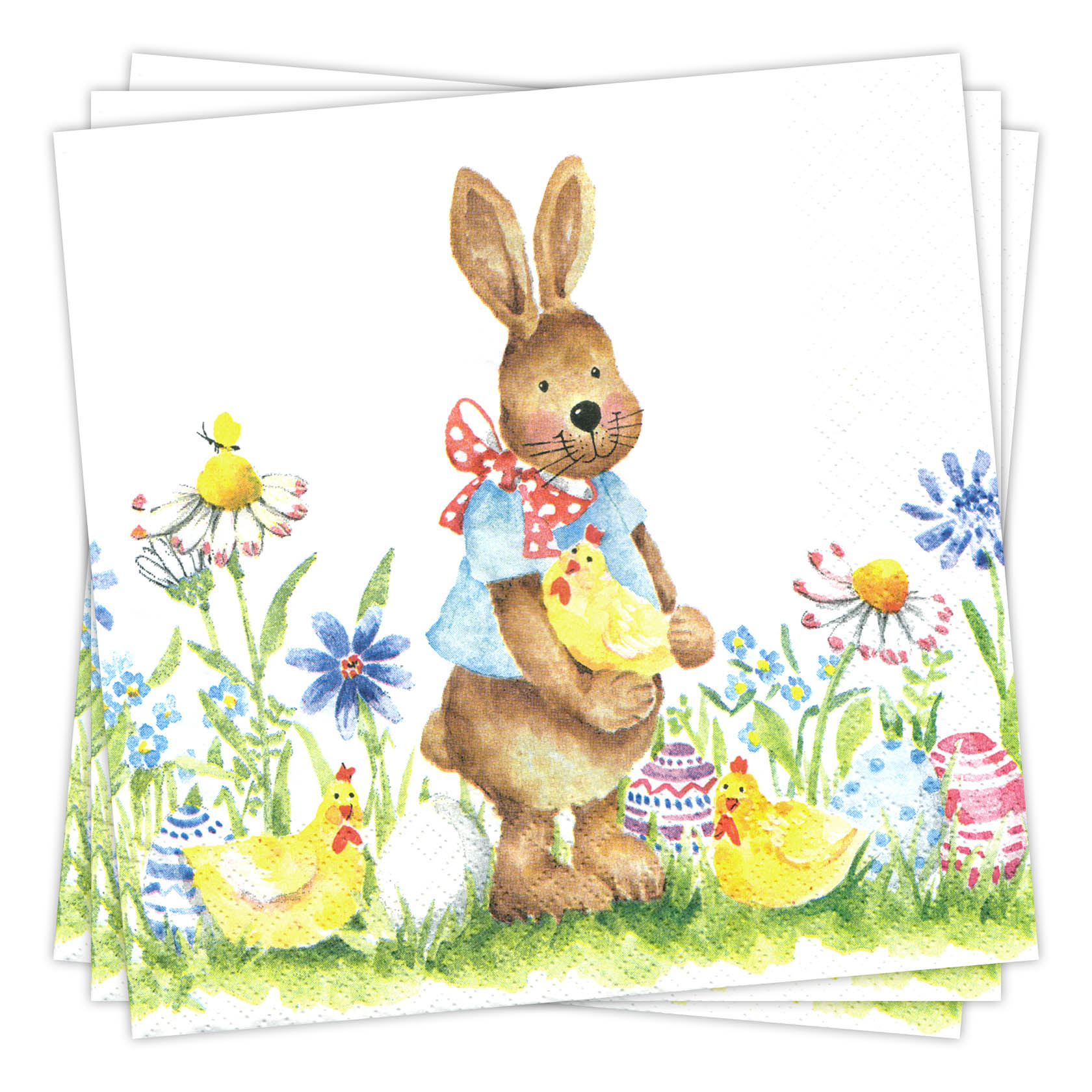 Ein niedlicher Hase mit einer roten Schleife und blauem Oberteil, der ein Küken hält. Umgeben von bunten Blumen, bemalten Eiern und weiteren Küken. im Dregeno Online Shop günstig kaufen
