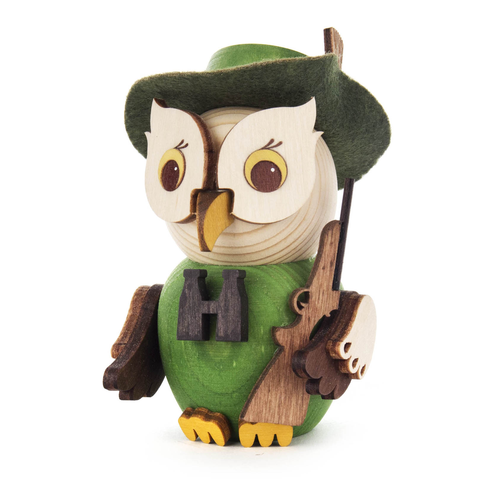 Holzeule im Jägeroutfit mit grünem Hut und Gewehr, trägt ein Binokular um den Hals. im Dregeno Online Shop günstig kaufen