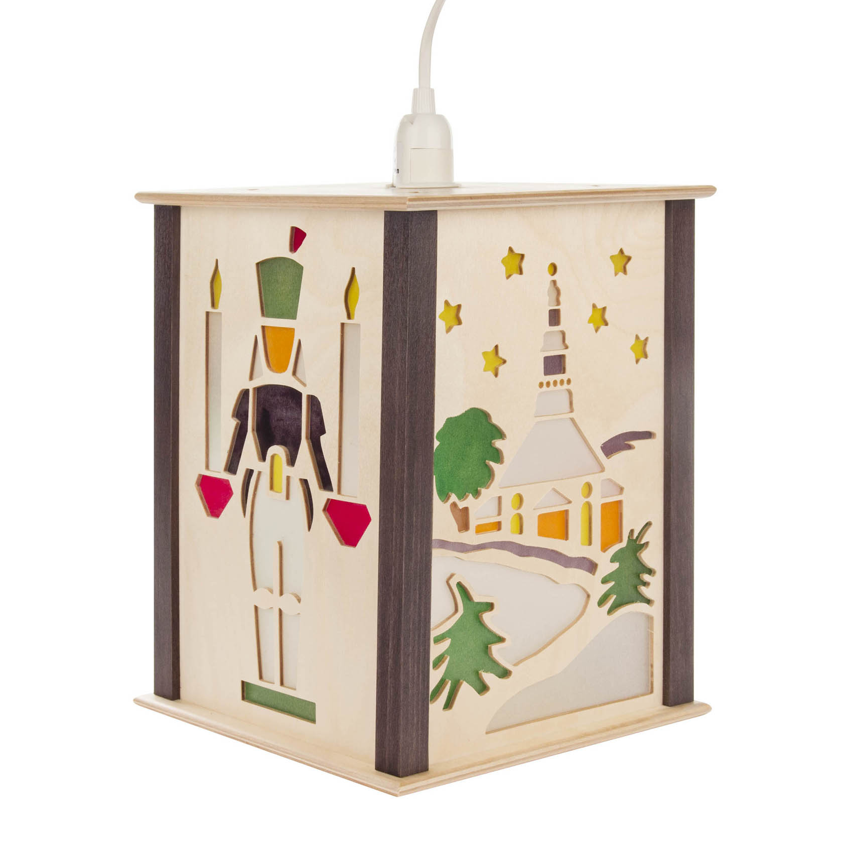 Eine Laterne mit Motiv der Seiffener Kirche und eines Bergmannes mit Kerzen in den Händen. im Dregeno Online Shop günstig kaufen