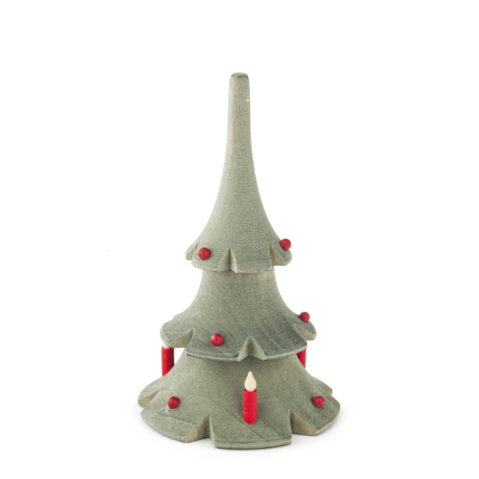 Grüner, mittelgroßer lasierter Holz-Weihnachtsbaum mit roten Kugeln und Kerzen verziert. im Dregeno Online Shop günstig kaufen