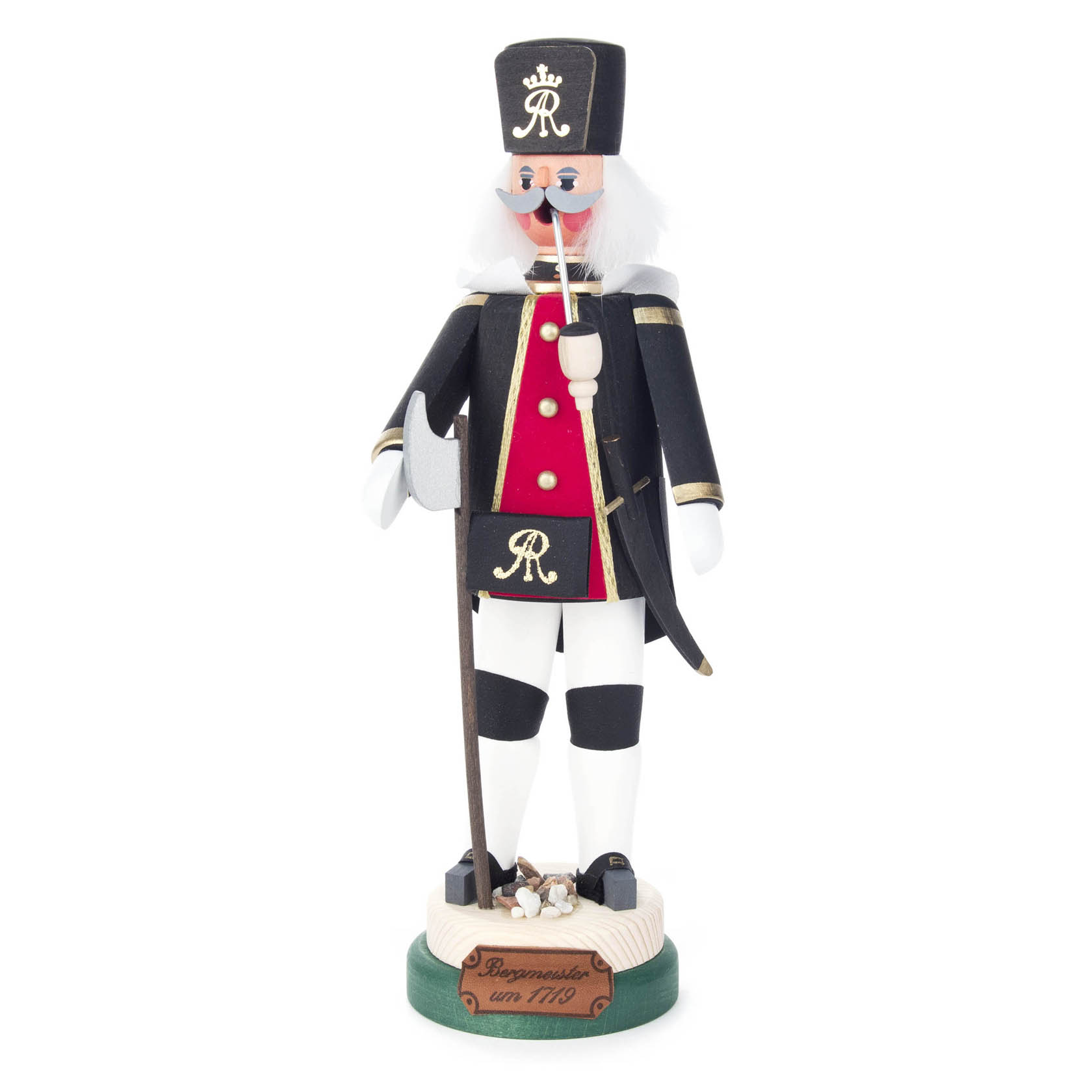 Räuchermann-Figur eines Bergmeisters im traditionellen schwarzen Bergmannsanzug mit rotem Brustteil und goldenen Verzierungen, stehend auf einem Schild 'Bergmeister um 1719'. im Dregeno Online Shop günstig kaufen