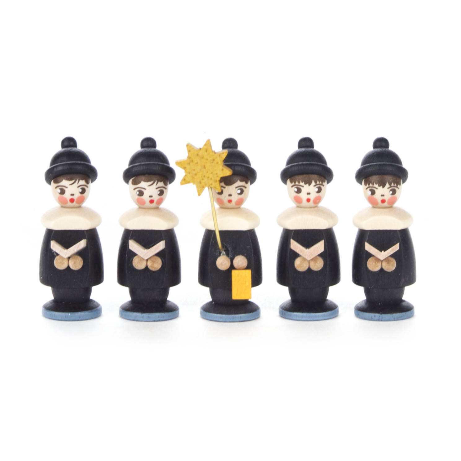 Fünf Kurrendefiguren, alle in schwarzer Kleidung. Eine Figur in der Mitte hält einen goldenen Sternstab. im Dregeno Online Shop günstig kaufen
