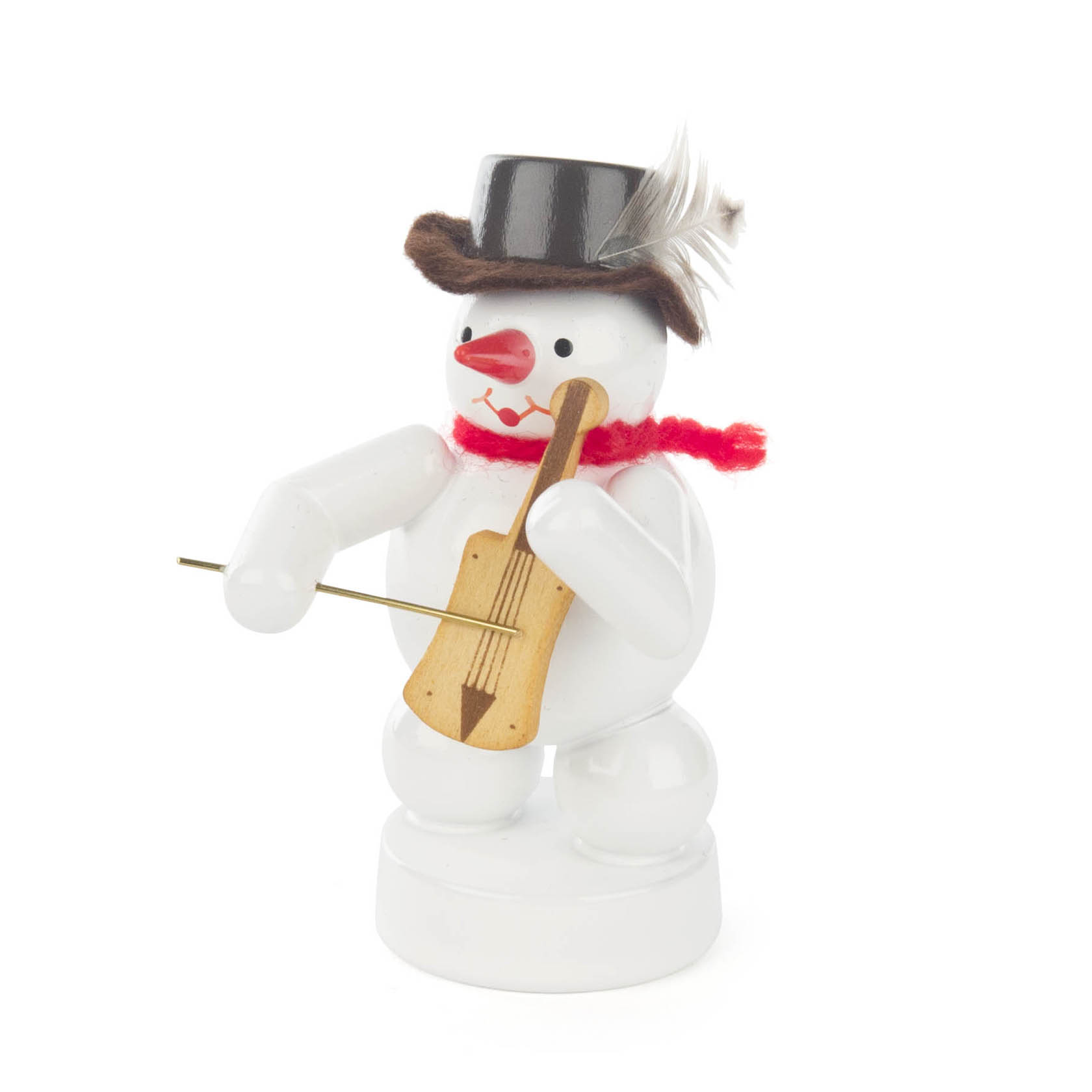 Ein Schneemann trägt einen schwarzen Zylinder und spielt eine kleine Holzfiedel. Er hat einen roten Schal und eine Karottennase. im Dregeno Online Shop günstig kaufen
