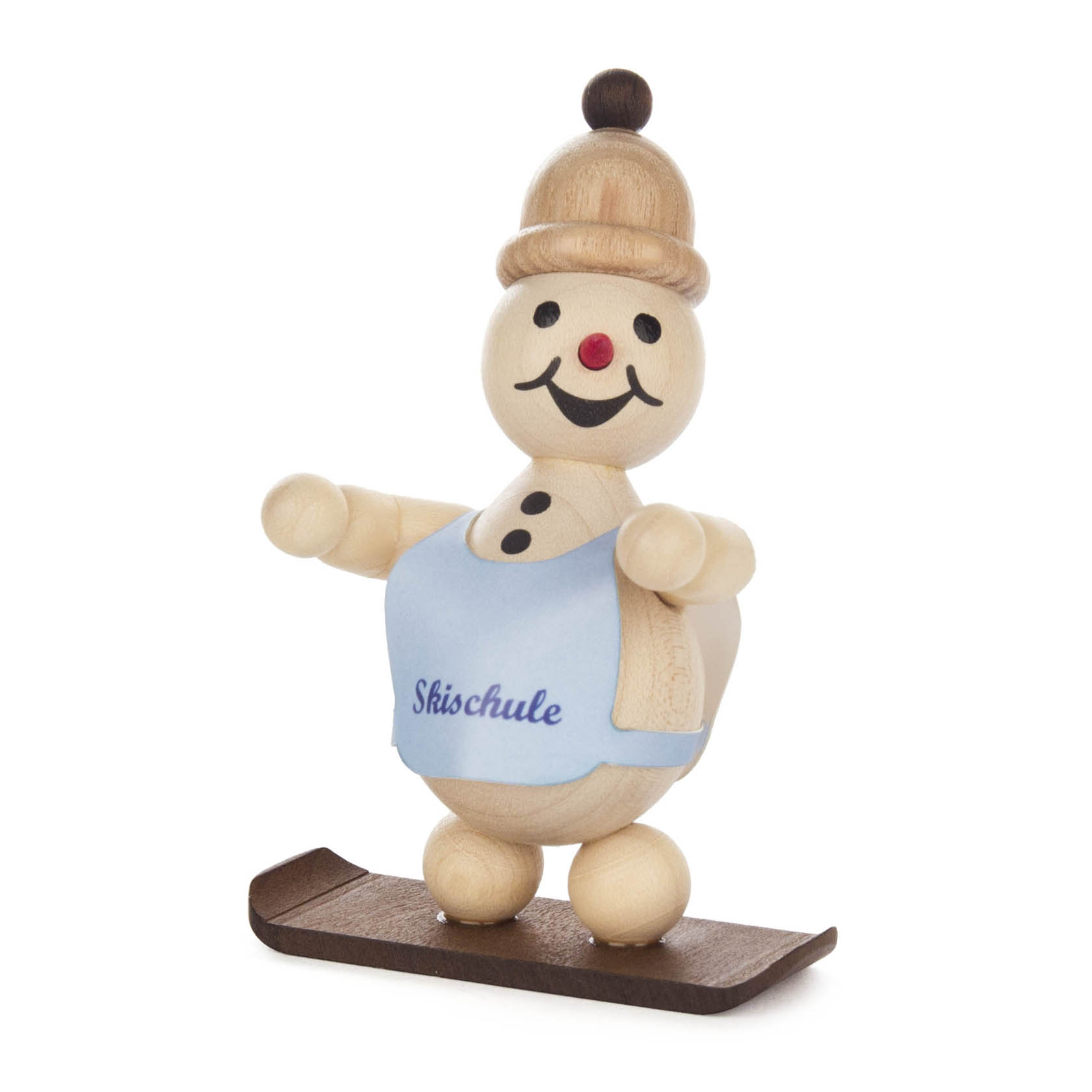 Holzfigur eines lächelnden, bemalten Schneemanns mit Mütze und „Skischule“-Schürze, stehend auf einem Snowboard. im Dregeno Online Shop günstig kaufen
