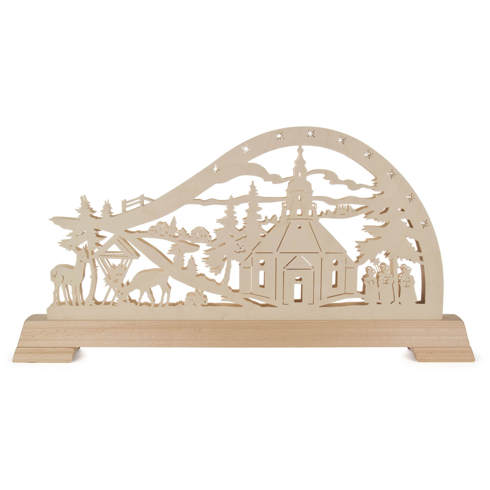 Ein Schwibbogen mit der Darstellung der Seiffener Kirche und Tannenbäumen, aus Holz gefertigt, mit LED-Beleuchtung und sternenverziertem Bogen. im Dregeno Online Shop günstig kaufen