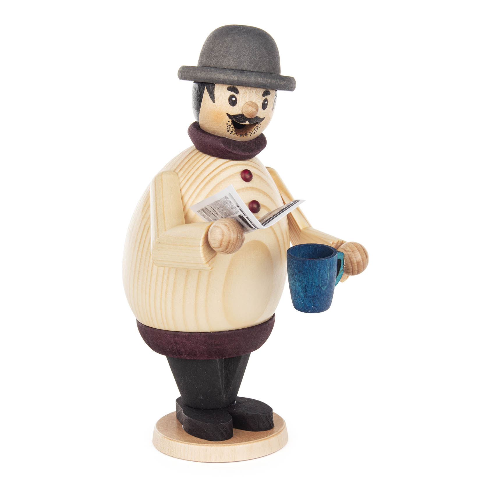 Wooden incense smoker figure of a man in a bowler hat, holding a newspaper and a blue cup, with a rounded body and a cheerful expression. im Dregeno Online Shop günstig kaufen