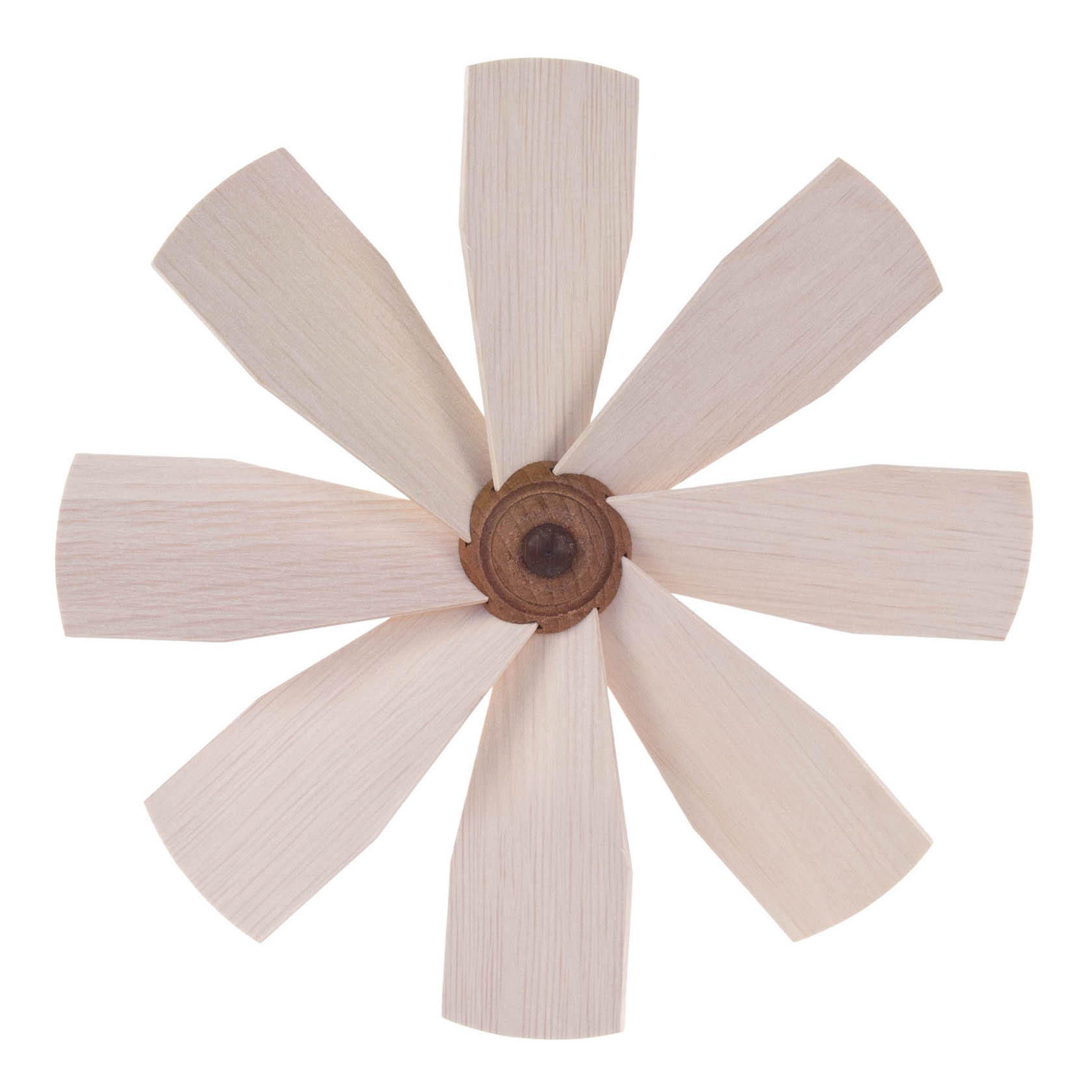 Ein hölzernes Flügelrad mit sechs gleichmäßig verteilten, breiten Flügeln, die von einem zentralen braunen Kreis ausgehen. im Dregeno Online Shop günstig kaufen