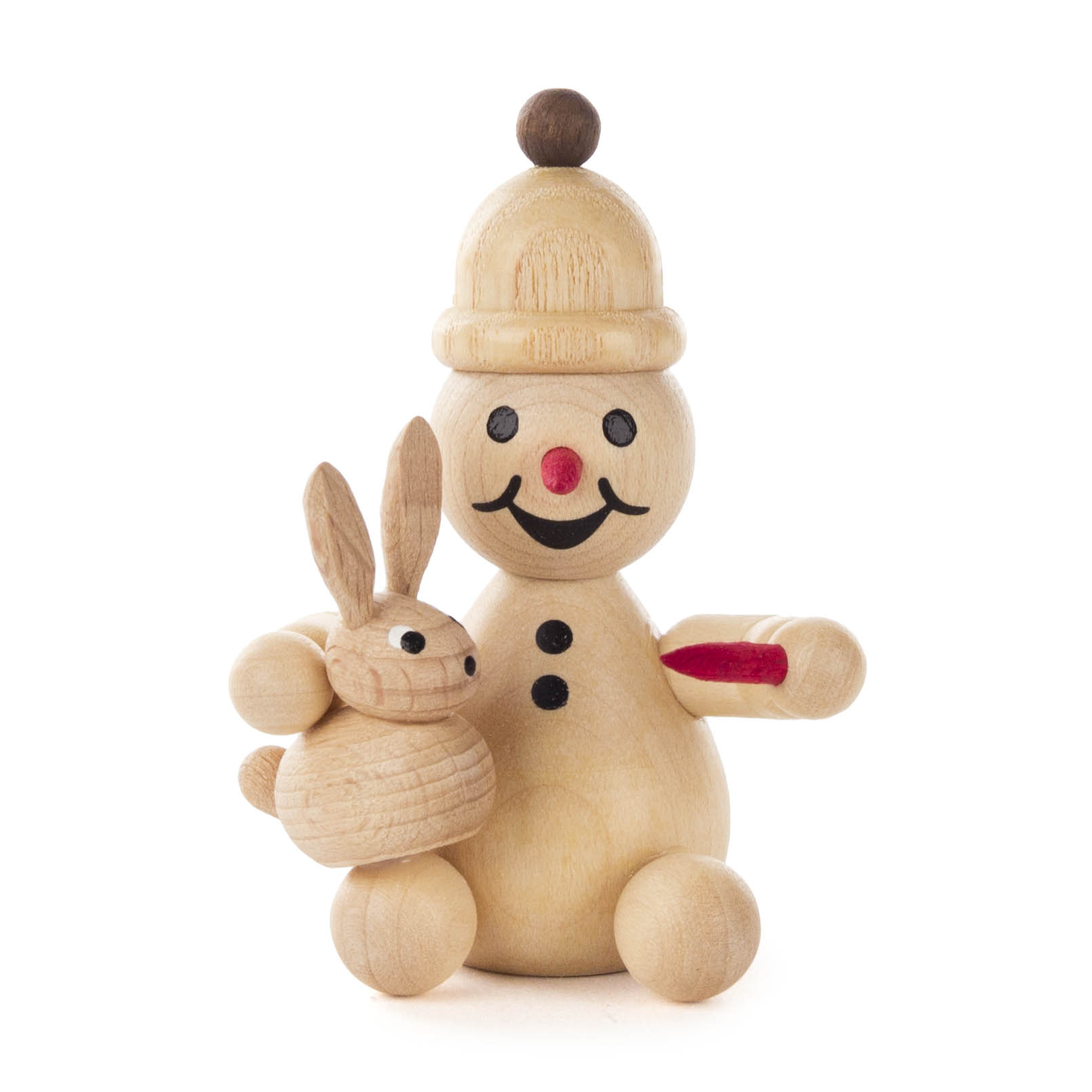 Eine Holzfigur eines Schneemanns mit Hut und Karotennase, der einen kleinen Holzhasen auf dem Schoß hält. im Dregeno Online Shop günstig kaufen