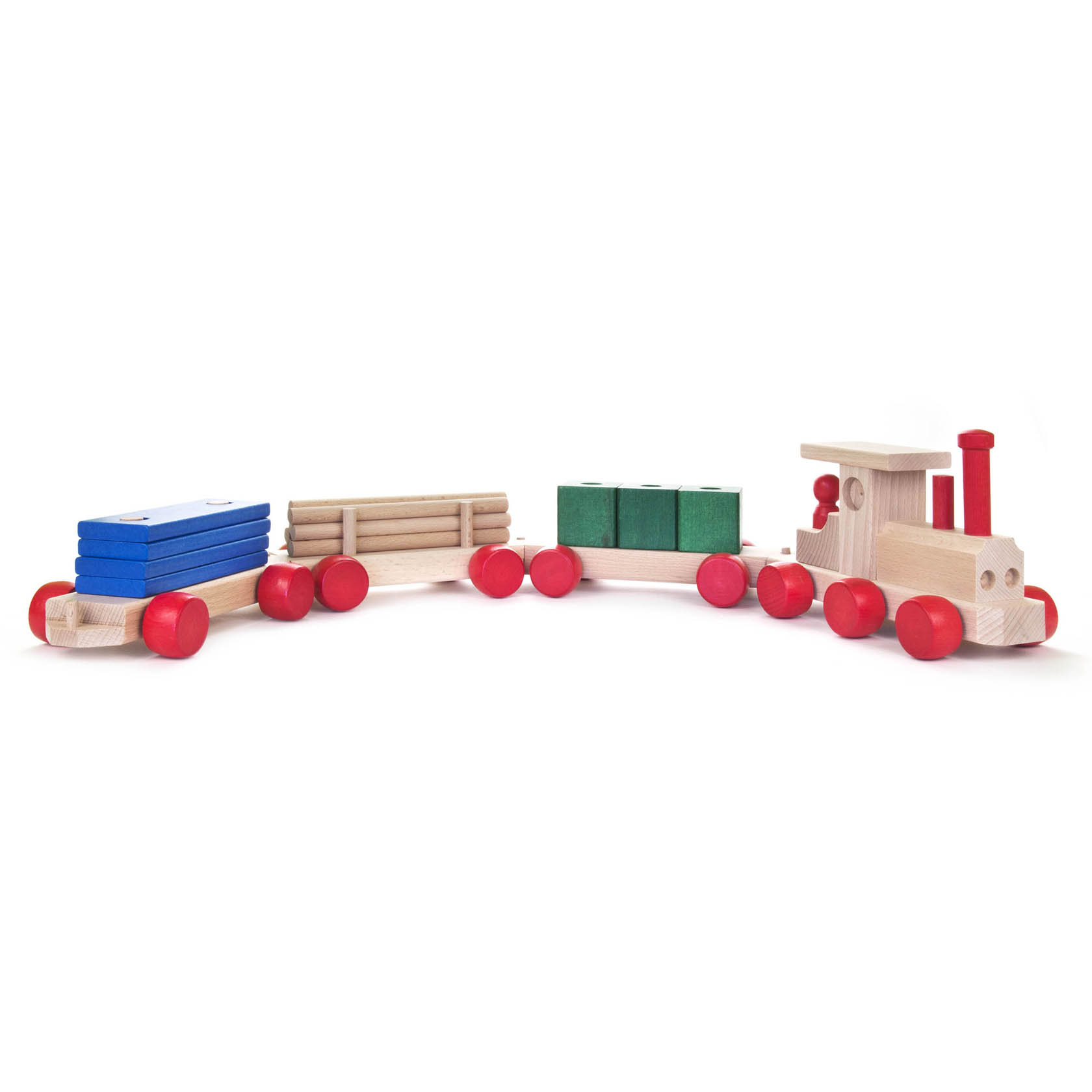 Holzeisenbahn mit drei Waggons und Lokomotive, beladen mit farbigen Holzblöcken und Stäben, zerlegbar für einfaches Zusammenbauen. im Dregeno Online Shop günstig kaufen