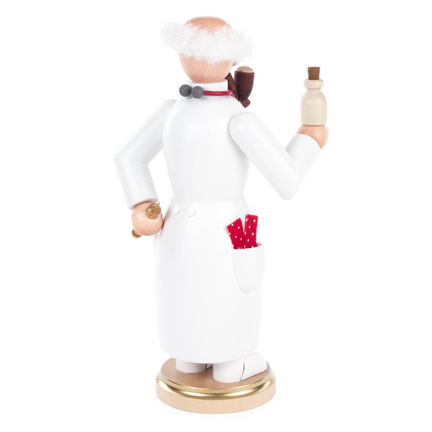 Figur eines Räuchermannes in Arztkleidung, hält eine Flasche in der linken Hand, Pfeife im Mund, mit rotem Tuch in der Kitteltasche.