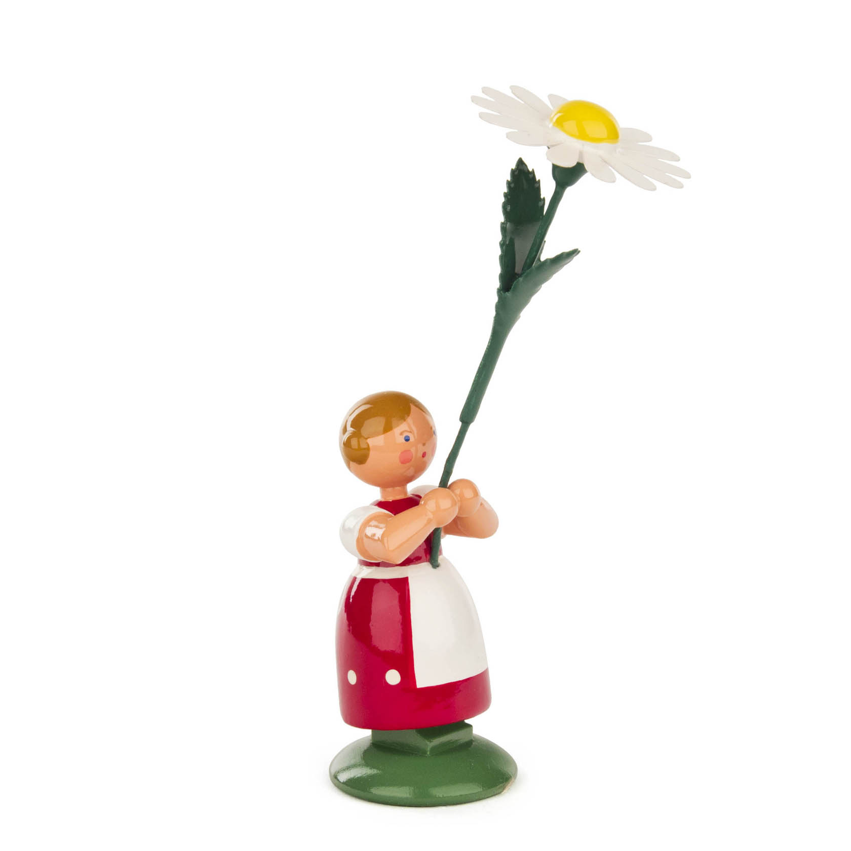 Holzfigur eines Blumenmädchens in rotem Kleid mit weißer Schürze, das eine große weiße Margerite mit gelber Mitte hält. im Dregeno Online Shop günstig kaufen