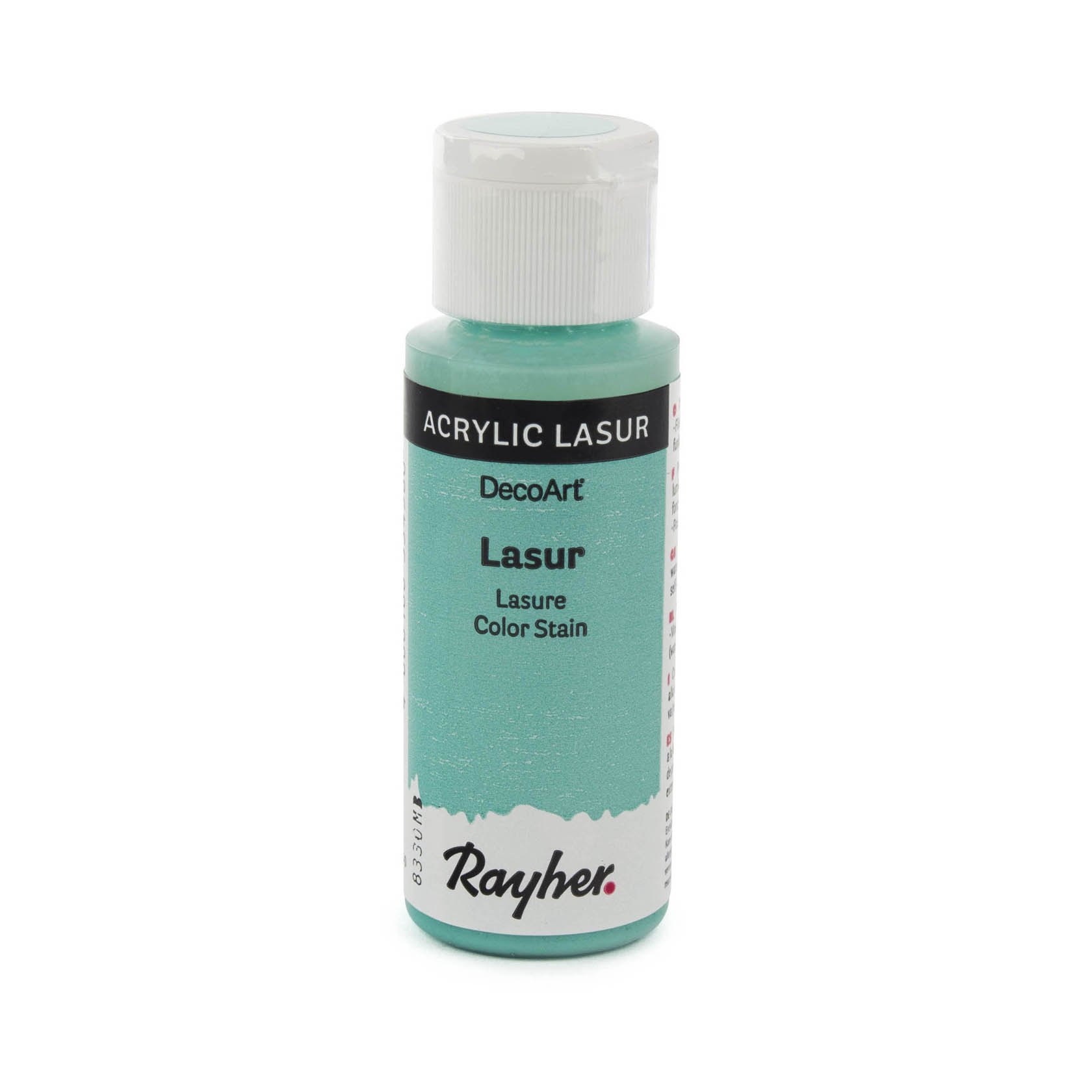 Eine Flasche mit mintgrüner Acryl-Lasur von Rayher, 59ml, mit der Aufschrift 'Lasur Color Stain'. im Dregeno Online Shop günstig kaufen