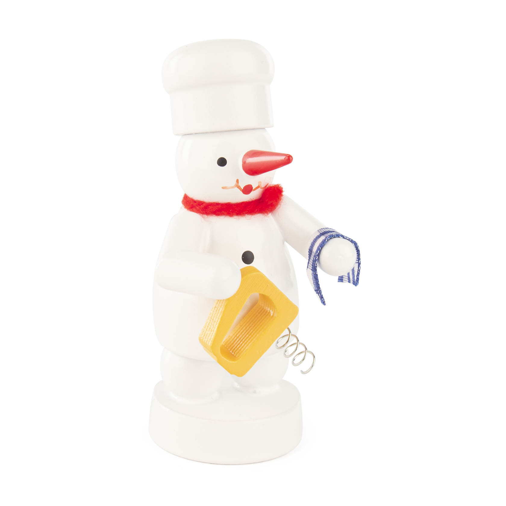 Ein Schneemann als Bäcker verkleidet, mit weißer Bäckermütze und rotem Schal. Er hält in der einen Hand ein gelbes Rührgerät mit spiralförmigen Quirlen. im Dregeno Online Shop günstig kaufen