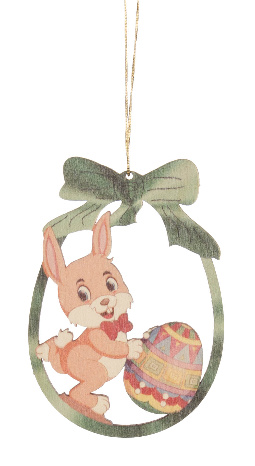 Ein gestrickter Hase mit roter Schleife hält ein bunt verziertes Osterei. Der Hase hängt an einem grünen Band dekorativ in der Luft. im Dregeno Online Shop günstig kaufen