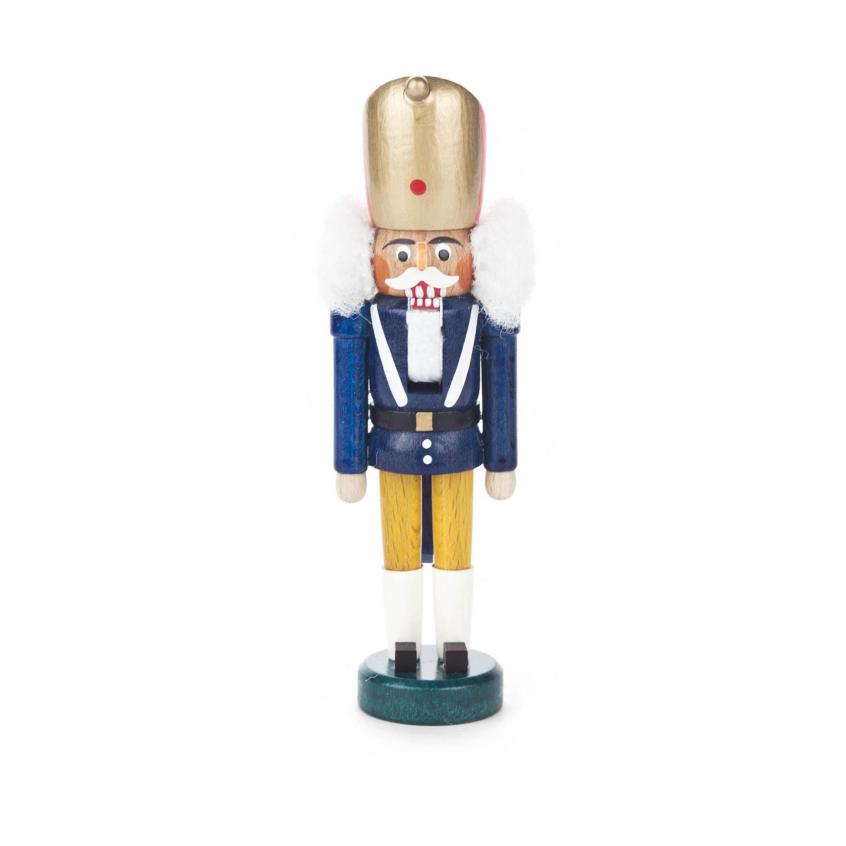 Holznussknacker in preußischer Uniform, blau-gelbe Farben, mit Goldhelm, weißem Bart und weißen Stiefeln. Höhe: 14 cm. im Dregeno Online Shop günstig kaufen
