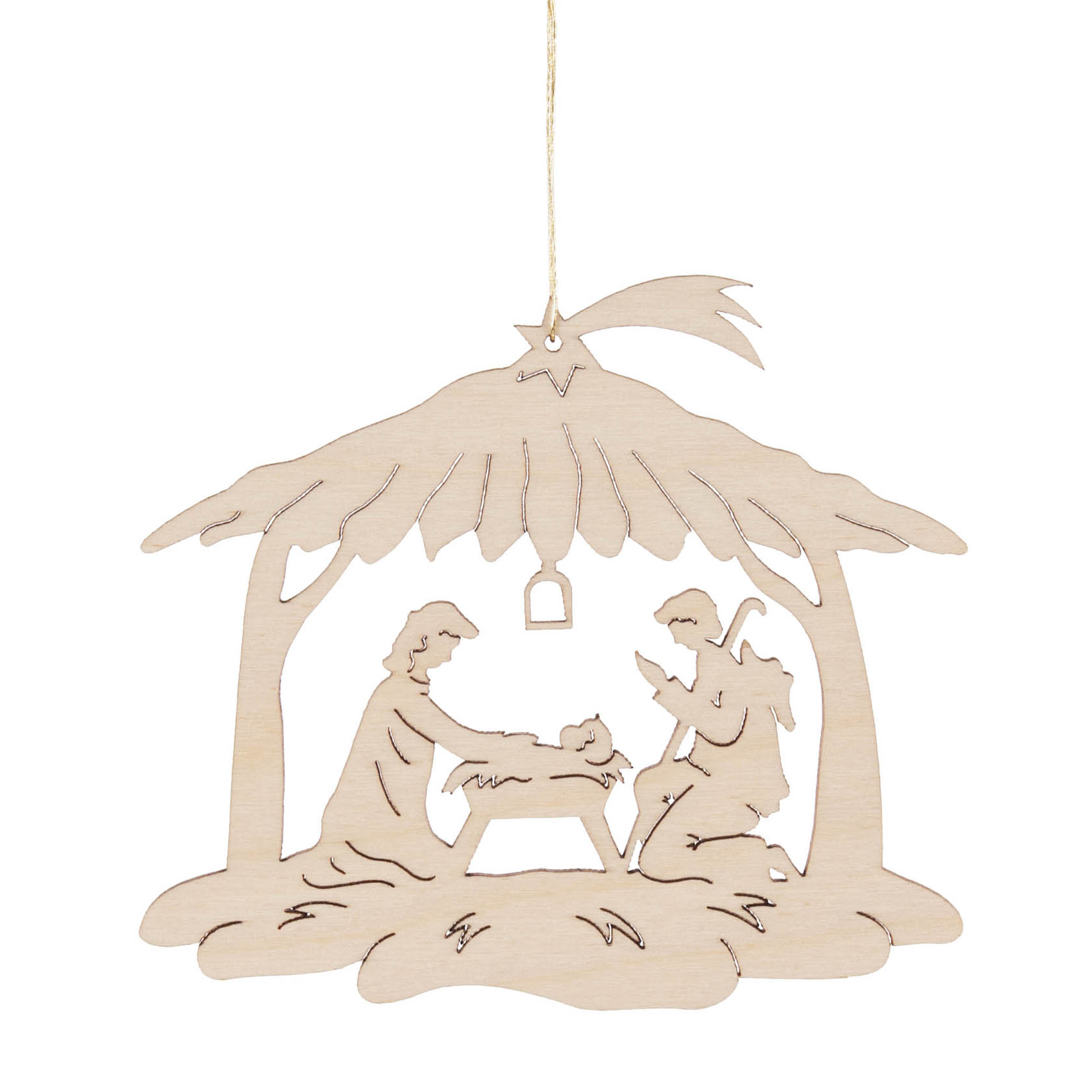 Wooden ornament of Nativity scene showing Mary, baby Jesus in a manger, and an angel under a stable with a star. im Dregeno Online Shop günstig kaufen