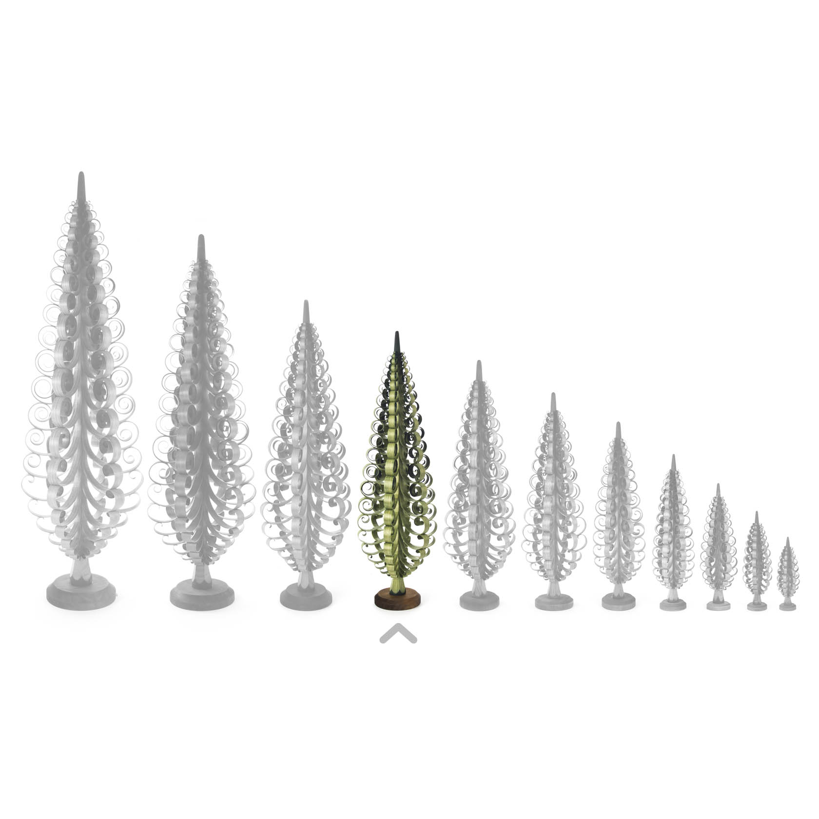 A green spruce-shaped Christmas tree ornament, 45 cm tall, with spiral branches on a base, among larger and smaller white counterparts.