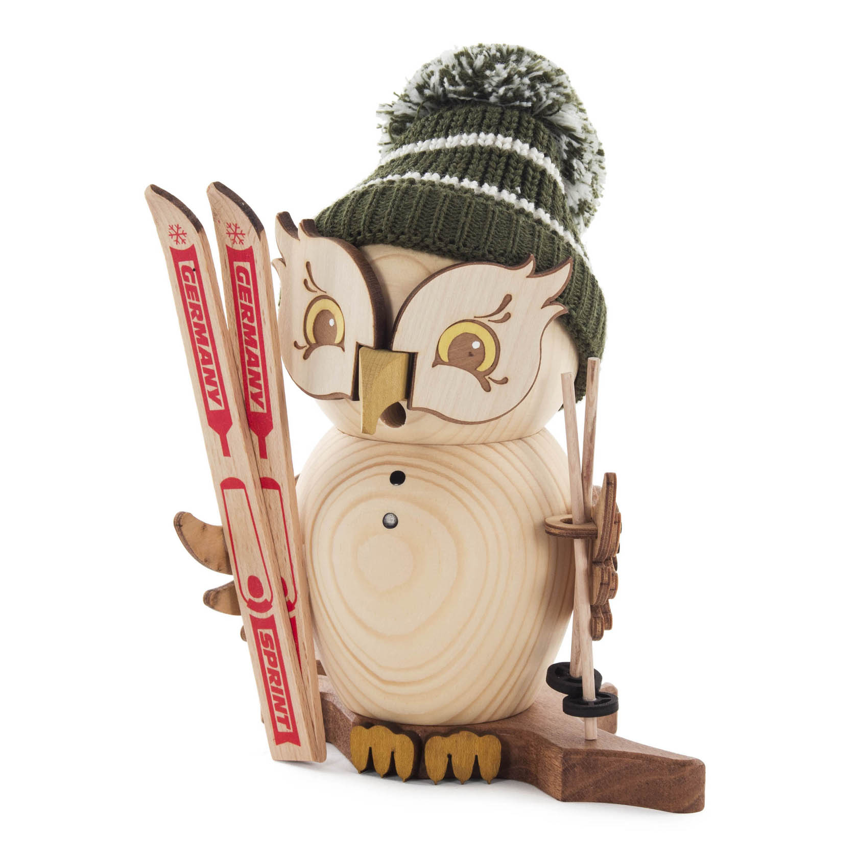 Holzeule mit grüner Strickmütze, die Skier mit der Aufschrift 'Germany Sprint' hält und eine hölzerne Skistockattrappe trägt. im Dregeno Online Shop günstig kaufen