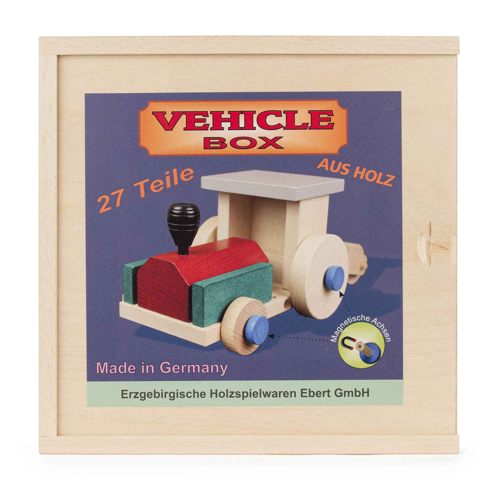 Holzbaukasten mit 27 Teilen zur Erstellung von Fahrzeugen, auf dem Kartondeckel ist ein rotes und grünes Holzauto abgebildet. im Dregeno Online Shop günstig kaufen