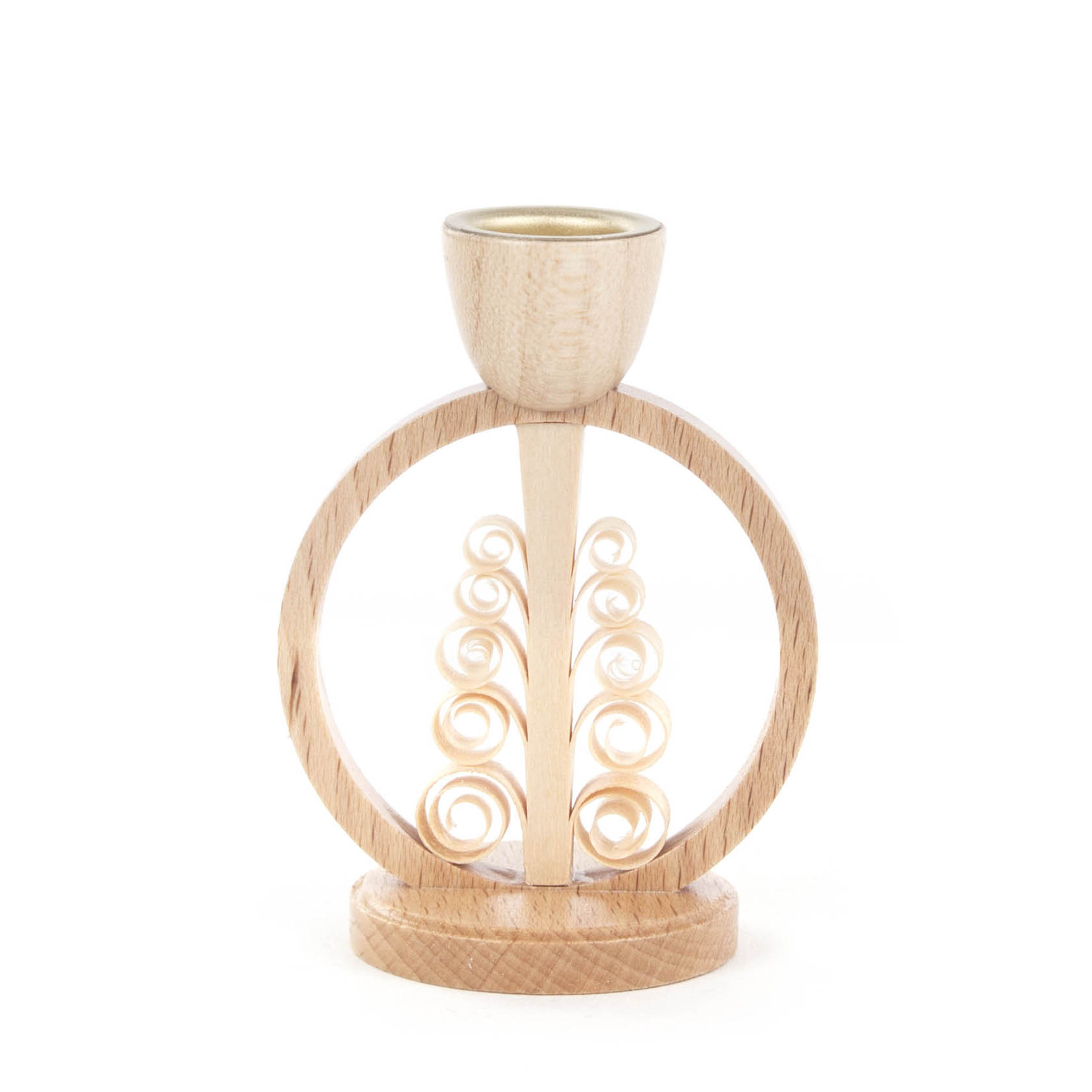 Holz-Kerzenhalter mit einem zentralen Spanbaum im Ringdesign, passend für eine Kerze mit 14 mm Durchmesser. im Dregeno Online Shop günstig kaufen