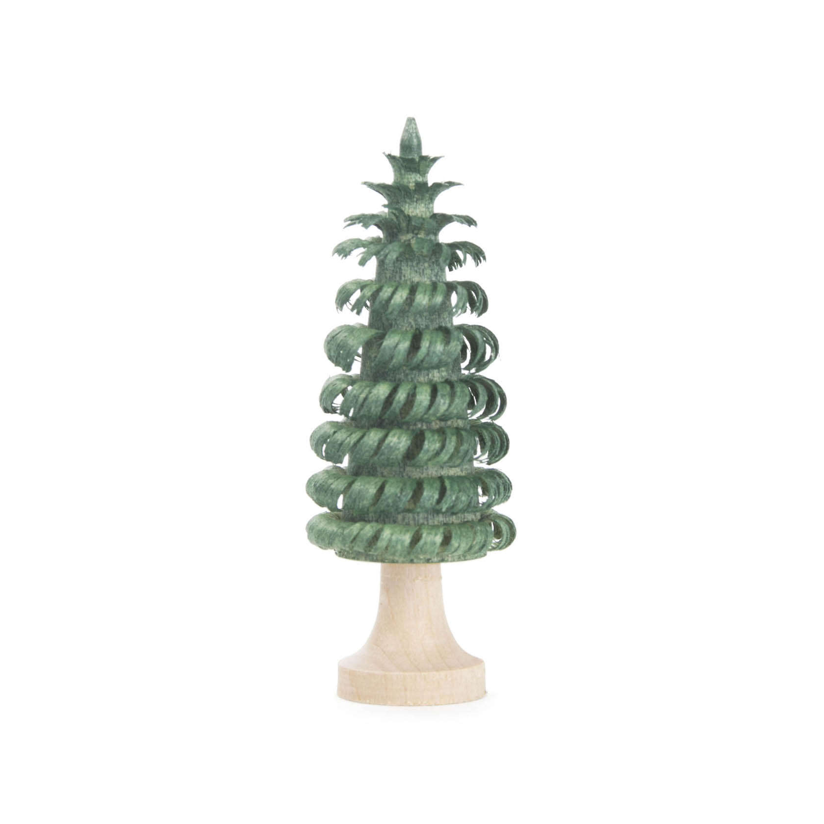 Ein grüner Ringelbaum mit spiralförmigen Zweigen auf einem kleinen hellen Holzstamm, Höhe 6 cm. im Dregeno Online Shop günstig kaufen