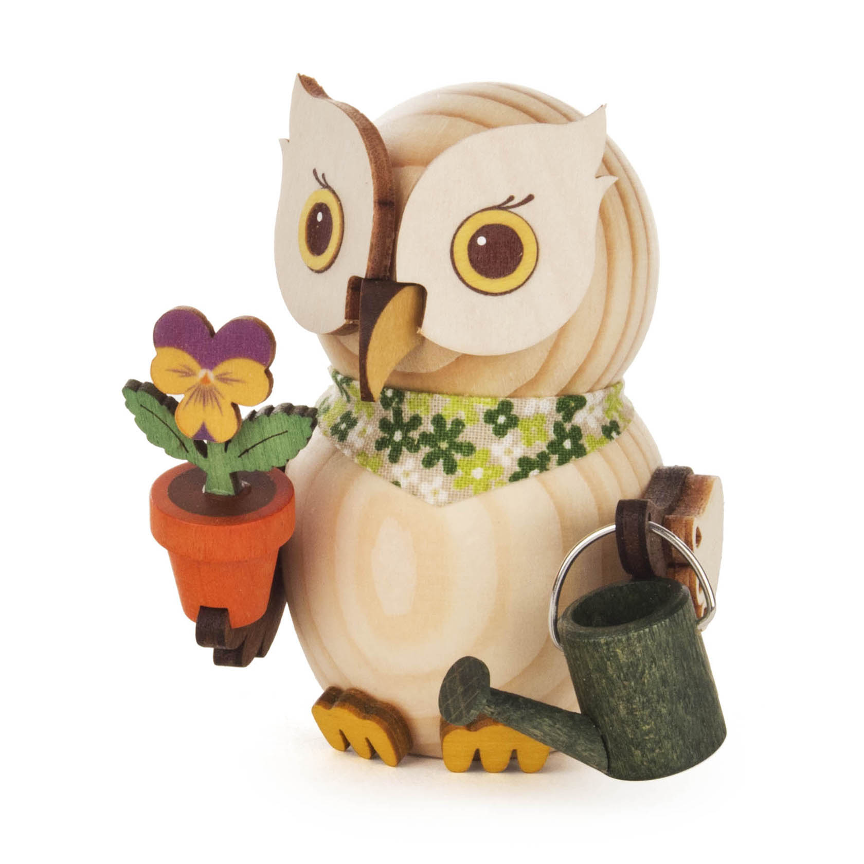 Kleine hölzerne Eule mit grünem Blumenschal hält Blumentopf mit Blume in der rechten Hand und grüne Gießkanne in der linken. im Dregeno Online Shop günstig kaufen