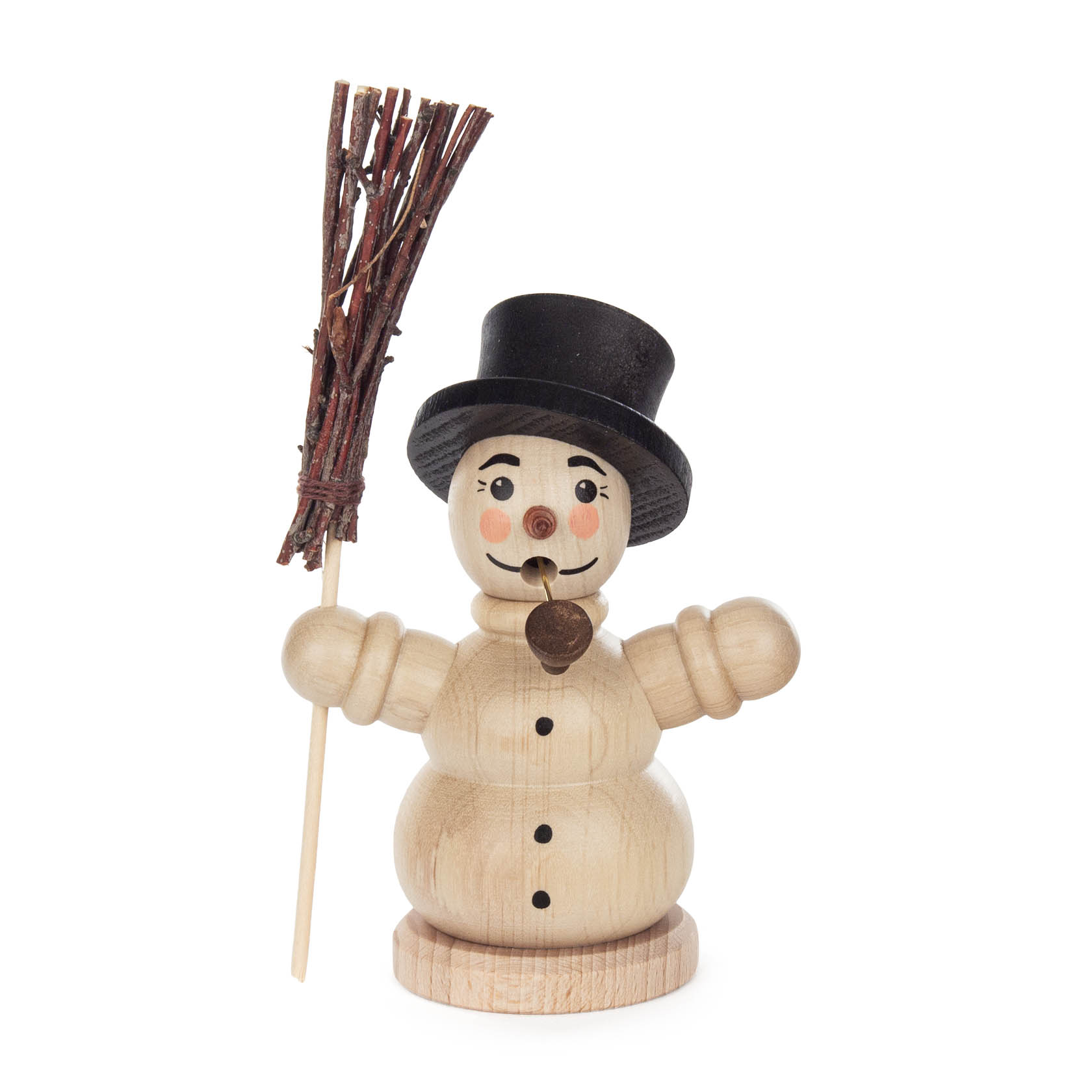 A wooden smoking man figurine shaped like a snowman, holding a broom and wearing a black top hat. im Dregeno Online Shop günstig kaufen