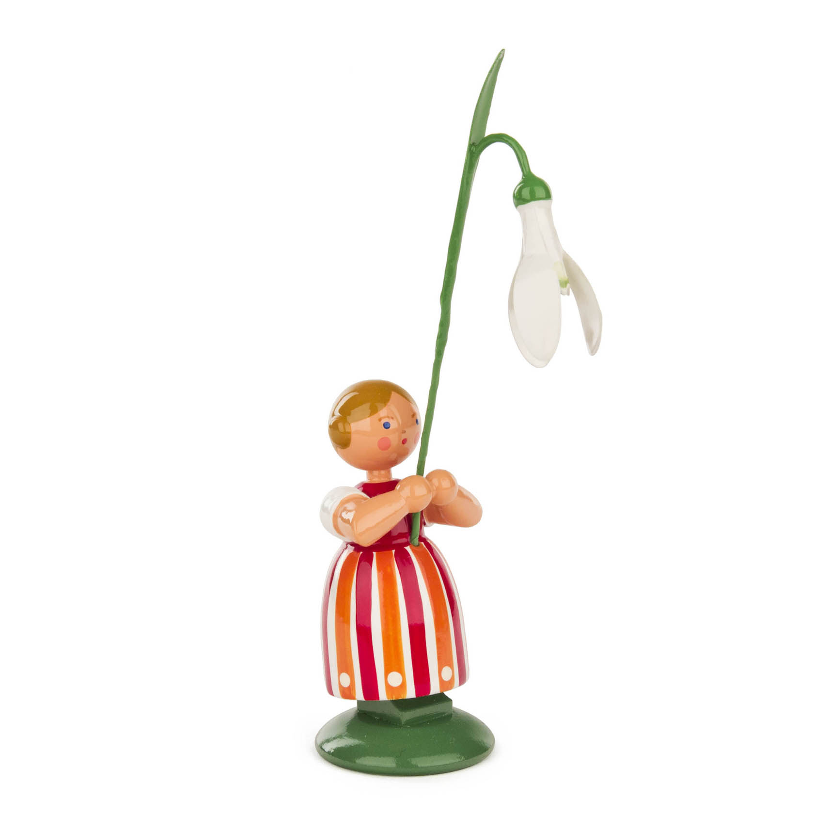 Holzfigur eines Blumenmädchens in rot-gestreiftem Kleid hält ein Schneeglöckchen. Das Mädchen hat blonde Haare und rote Wangen. im Dregeno Online Shop günstig kaufen