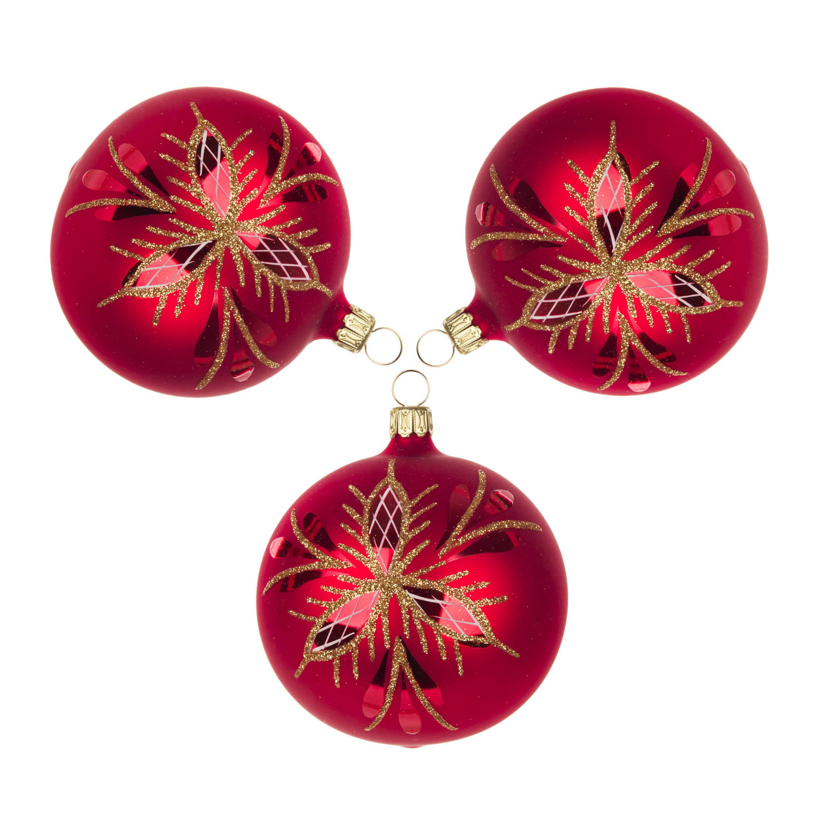 Drei rote, mattierte Christbaumkugeln mit einem gold-glitzernden Waffelmuster und silbernen Aufhängungen. im Dregeno Online Shop günstig kaufen