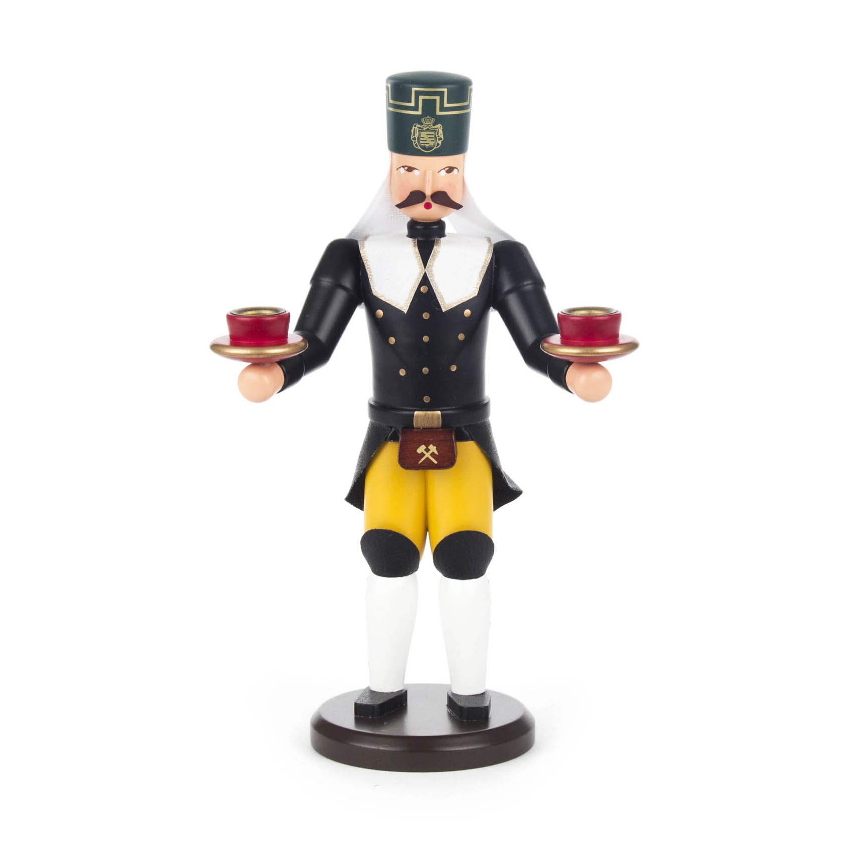 Holzfigur eines Bergmanns in traditioneller Uniform, mit Bart, hält in jeder Hand einen Halter für je 10mm dicke Kerzen. im Dregeno Online Shop günstig kaufen
