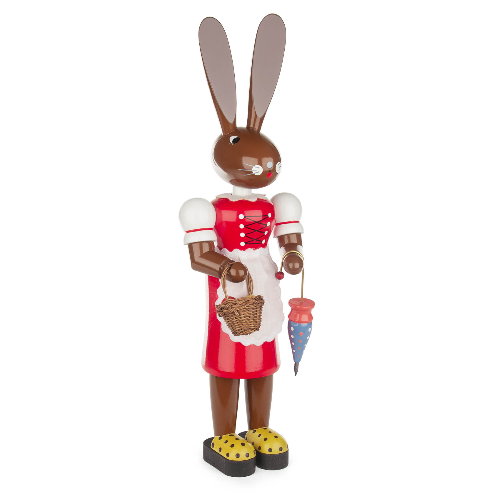 Figur einer Hasenfrau in rotem Kleid mit weißen Puffärmeln, ein Korb in der linken Hand und ein Regenschirm in der rechten Hand. im Dregeno Online Shop günstig kaufen