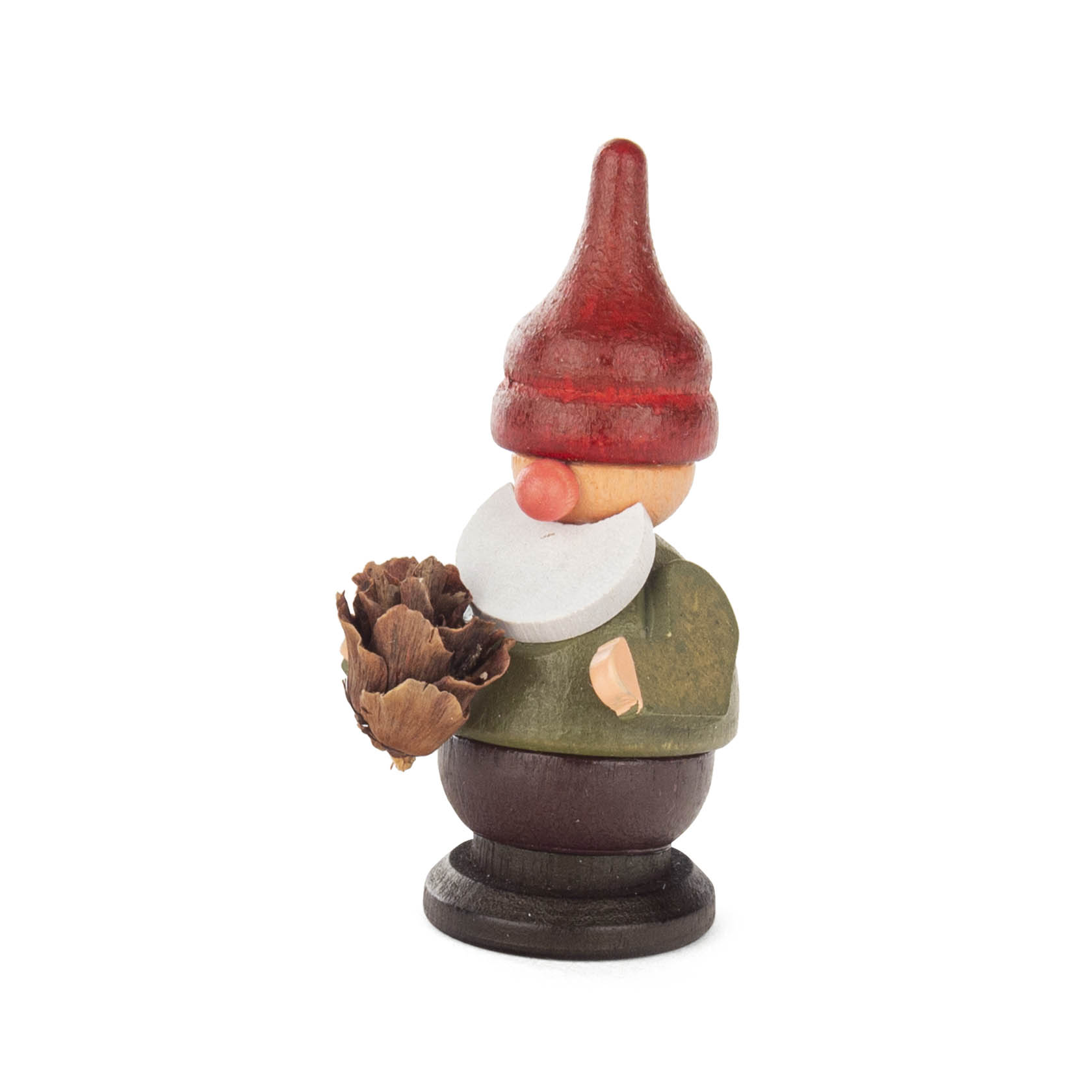 Wooden gnome figure with a red hat, holding a pine cone. im Dregeno Online Shop günstig kaufen
