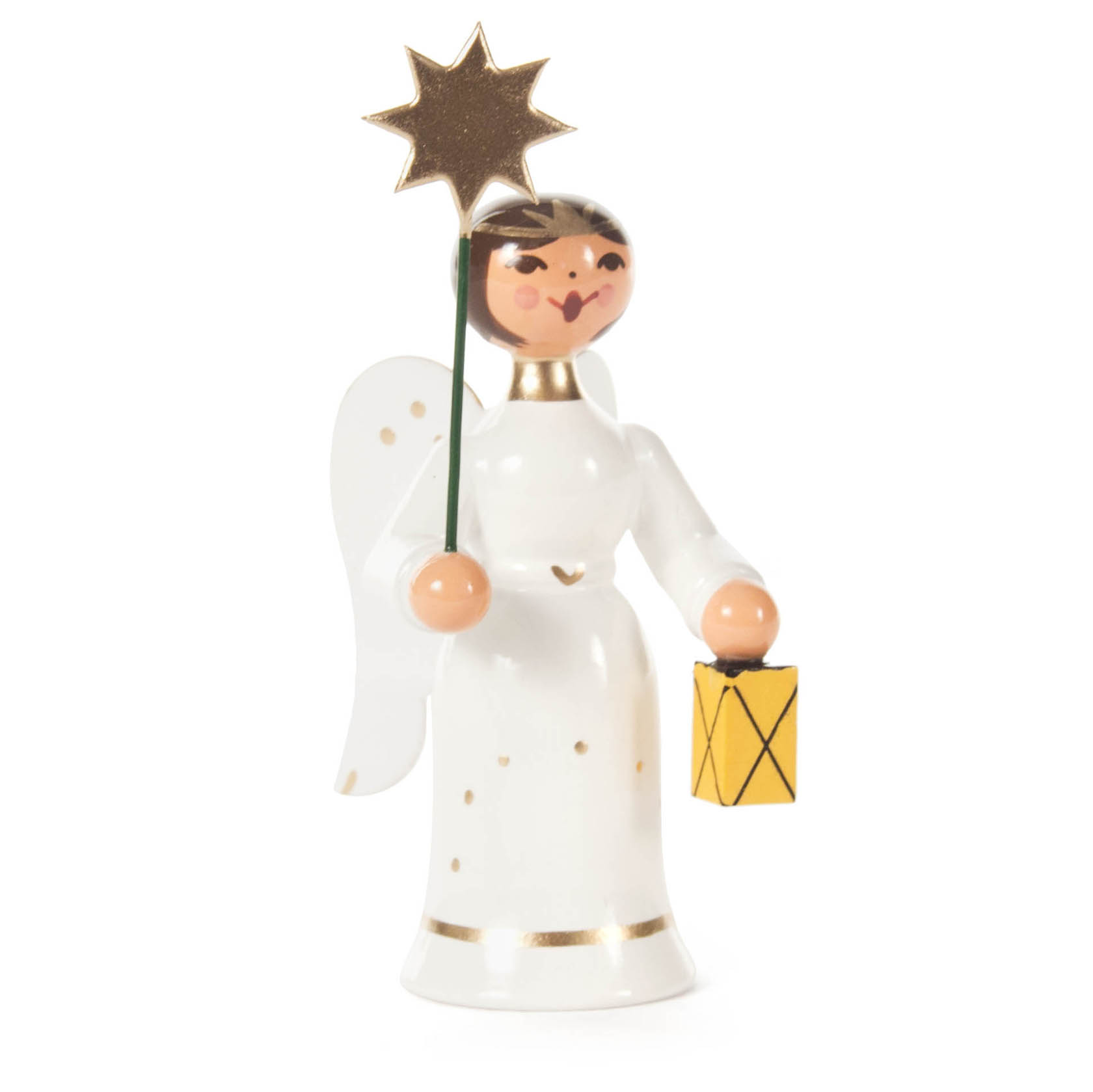 Miniatur Engel-Figur in Weiß mit goldenen Details, hält einen Sternstab und eine gelbe Laterne. im Dregeno Online Shop günstig kaufen