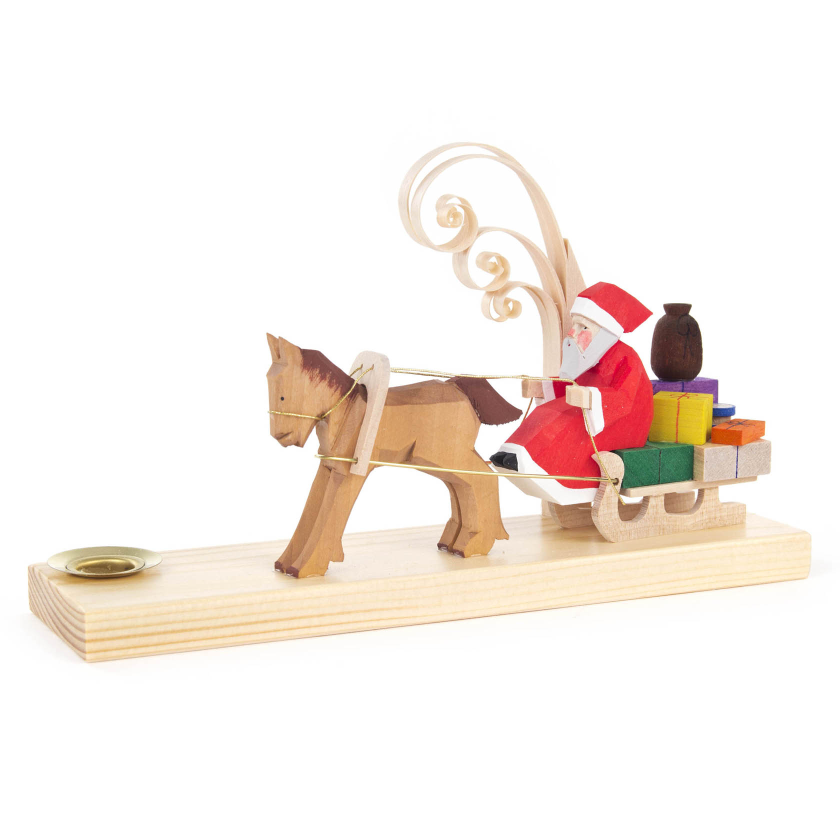 Holzfigur eines Weihnachtsmanns auf einem von einem Pferd gezogenen Schlitten mit Geschenken, Kerzenhalter für Kerze mit 14mm Durchmesser. im Dregeno Online Shop günstig kaufen