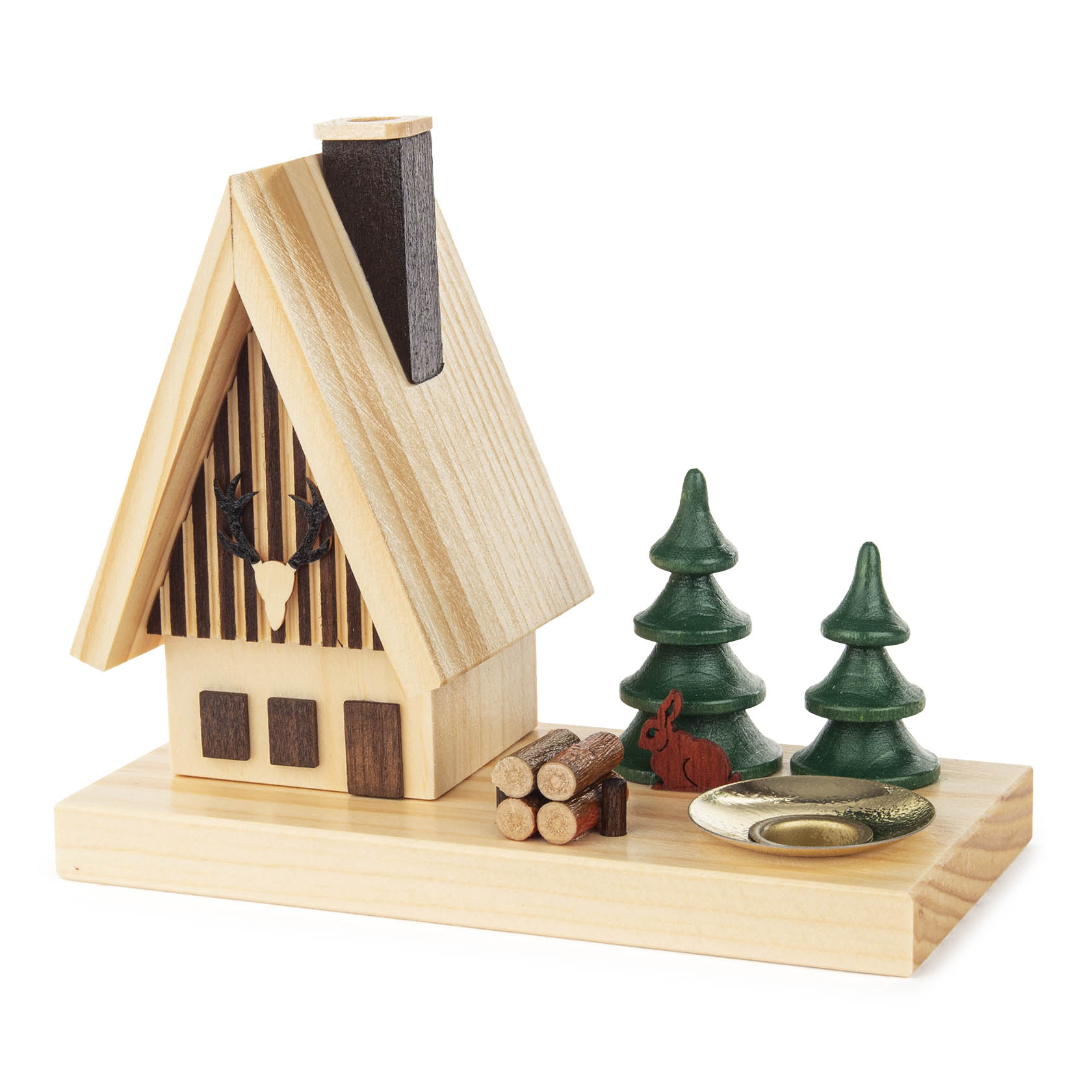 Räucherhaus Waldhaus mit Hase, Bäumen und Kerzenhalter für Kerze d=14mm