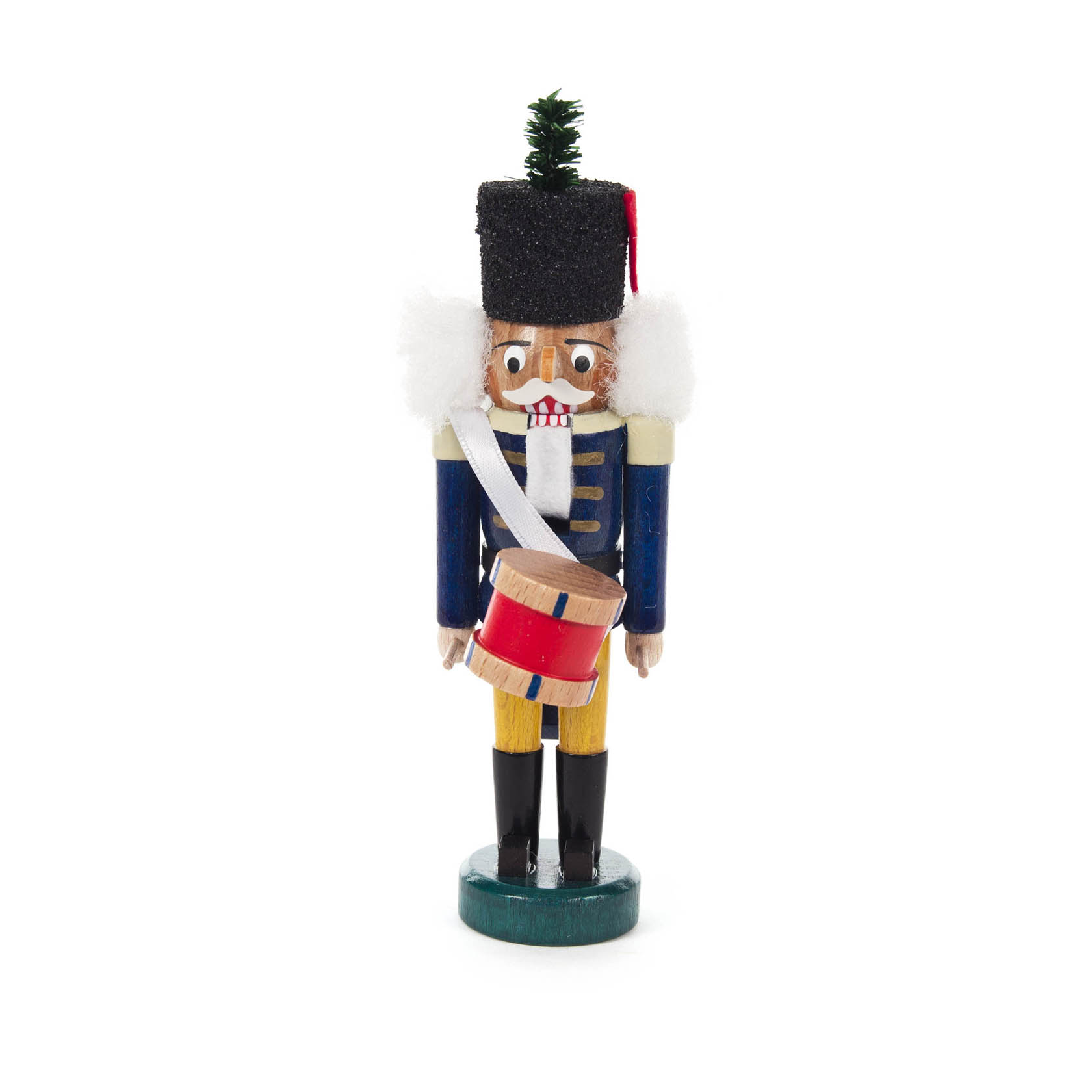 Kleiner Nussknacker in blauer Uniform mit Trommel, schwarzem Hut und weißen Haaren, 15 cm groß. im Dregeno Online Shop günstig kaufen