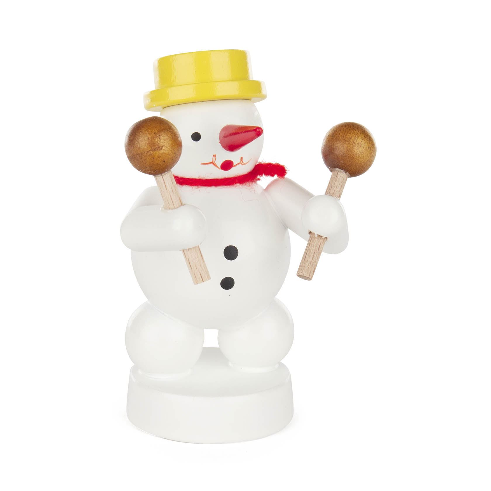 Kleiner Schneemann mit gelbem Hut und rotem Schal, haltend zwei schwarze Rumbakugeln. im Dregeno Online Shop günstig kaufen