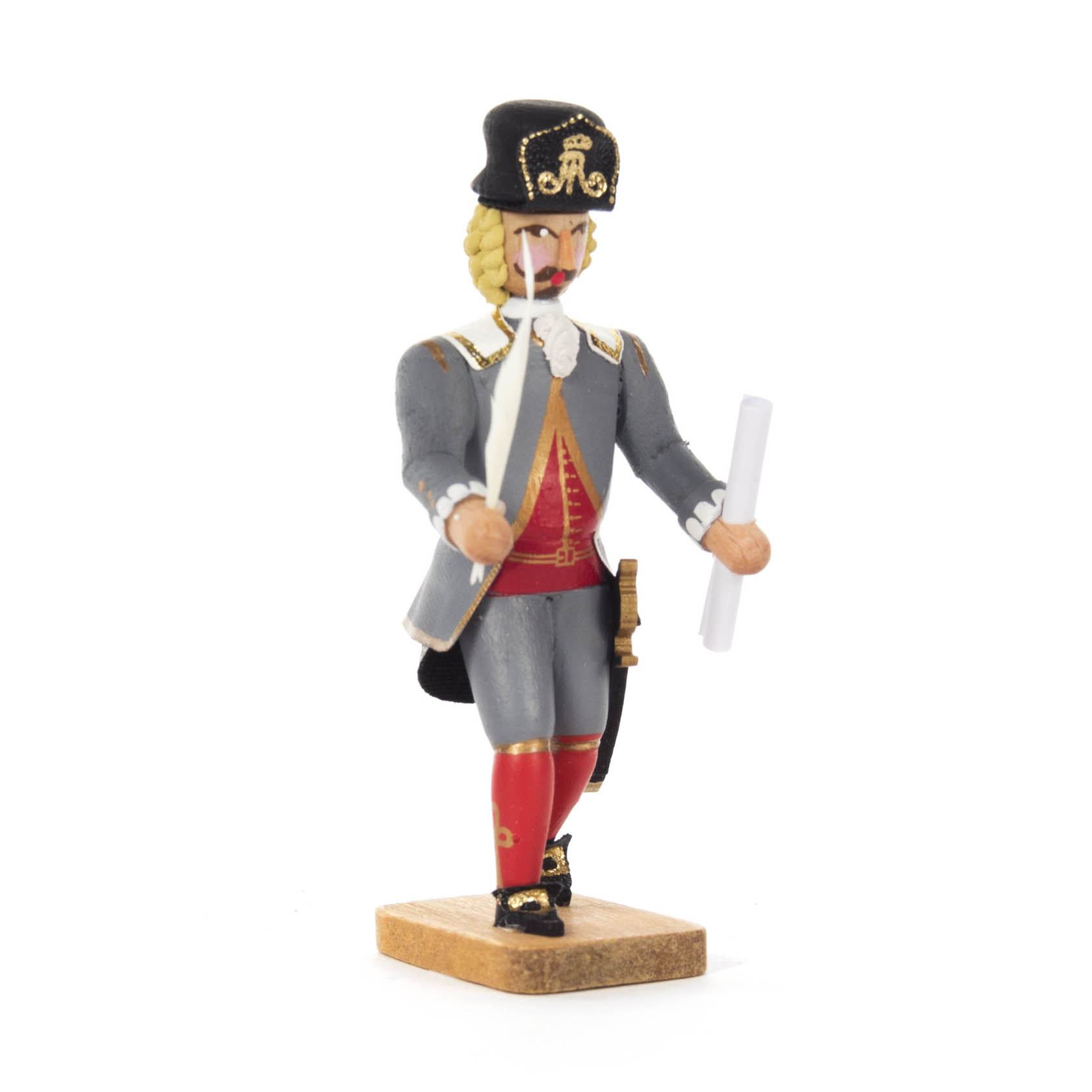 Holzfigur eines Hüttenschreibers in traditioneller Tracht mit schwarzem Dreispitz, grauem Gehrock und einem Schriftstück in der rechten Hand. im Dregeno Online Shop günstig kaufen
